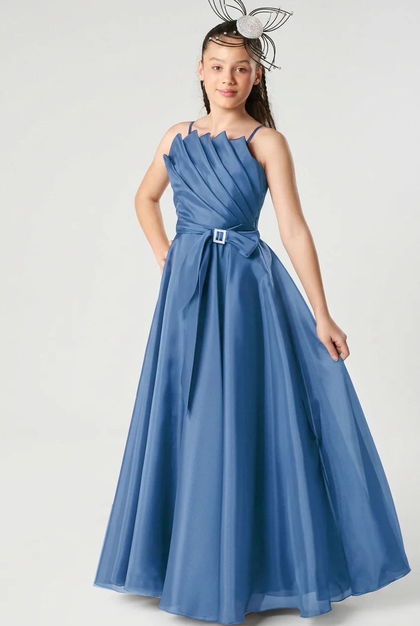 Girls Long Organza Dress with Crystal Sash - Indigo Blue - Image 3