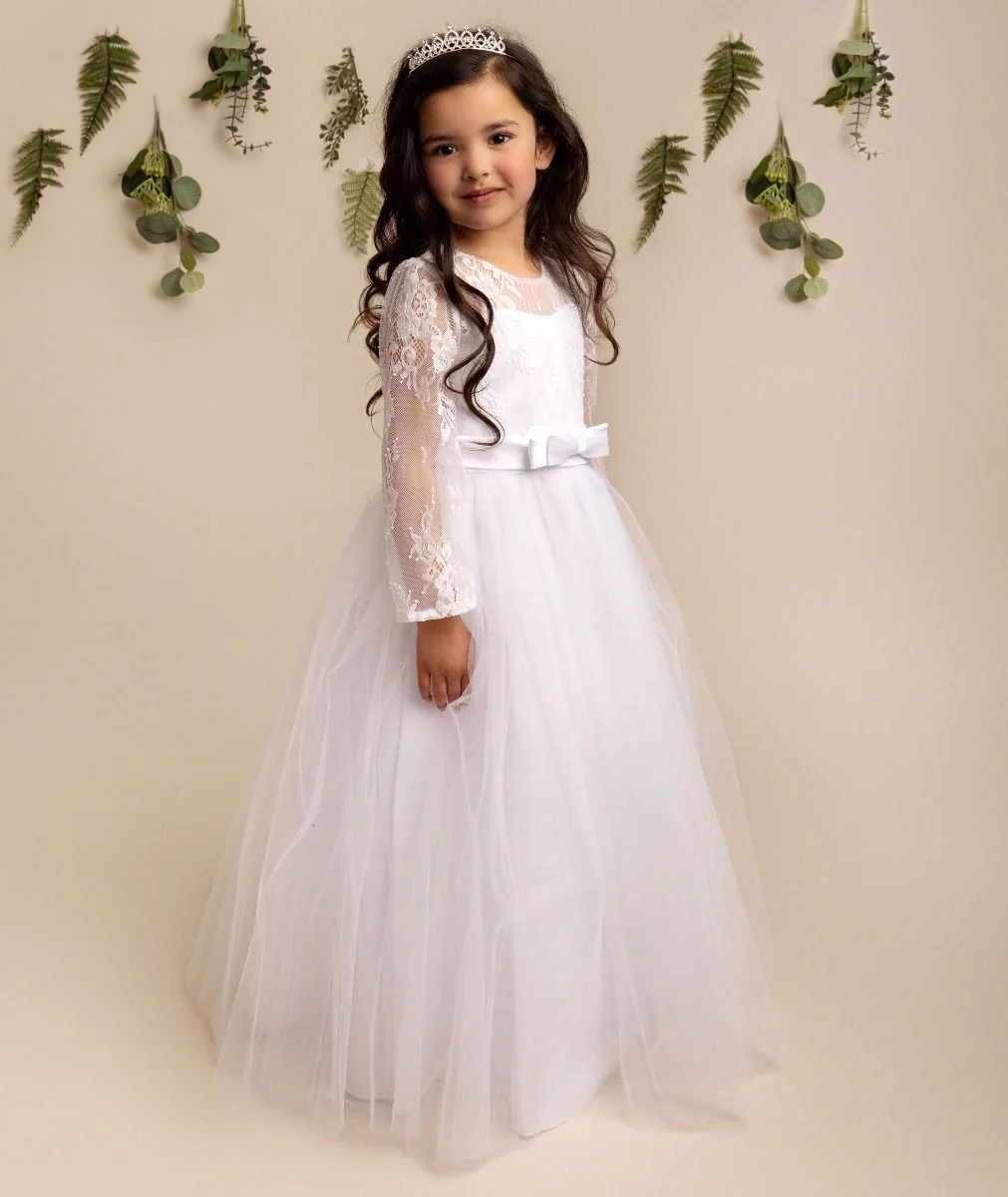 Girls Long Sleeves Lace White Tulle Dress - JADE - White - Image 2
