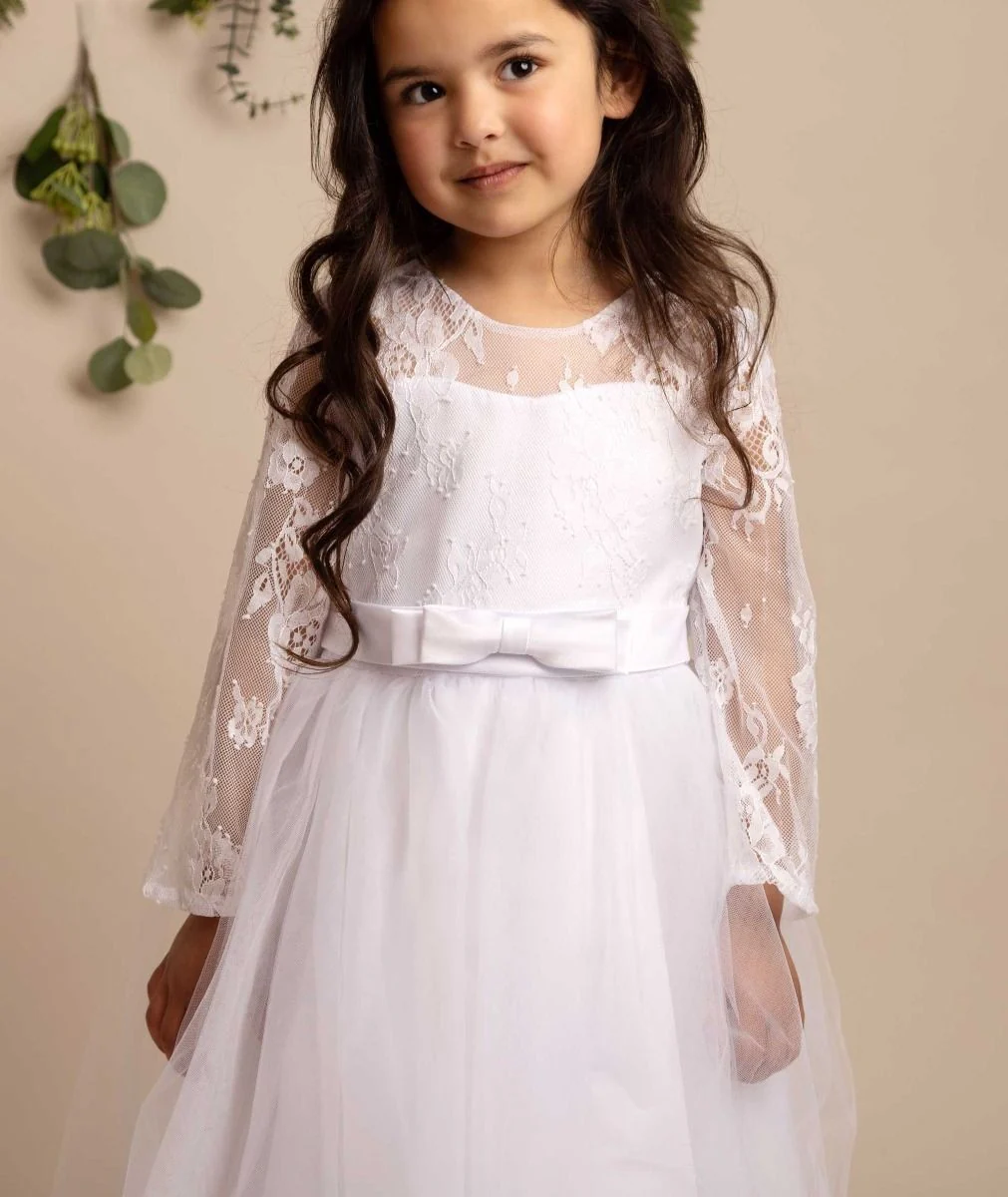 Girls Long Sleeves Lace White Tulle Dress - JADE - White - Image 3