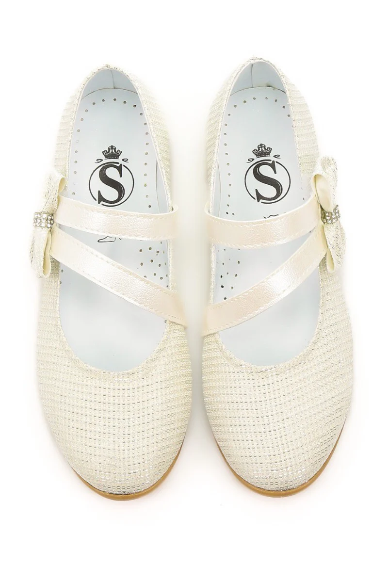 Girls Mary Jane Bow Flat Dress Shoes -MAYA - Ivory Gold - Image 3