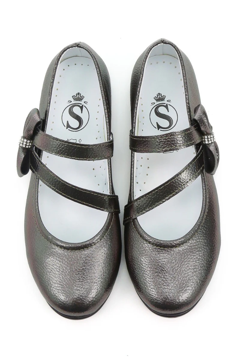 Girls Mary Jane Bow Flat Dress Shoes -MAYA - Metallic Silver - Image 3