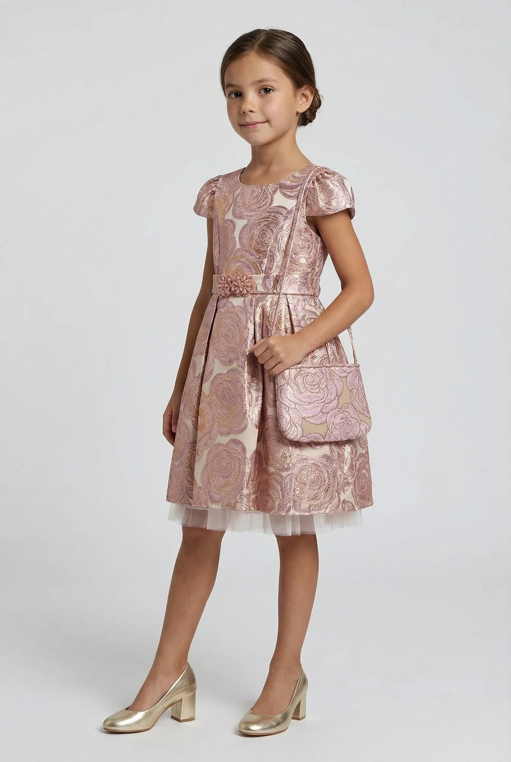 Girls Metallic Floral Brocade Dress Set - Lilac - Image 2