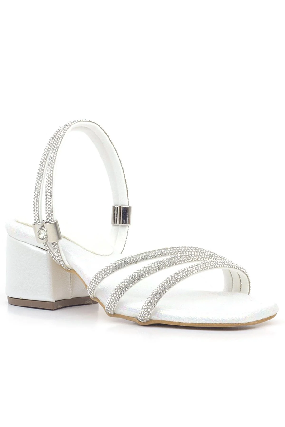 Girls Metallic Strappy Block Heel Sandals - Judy - Pearl White