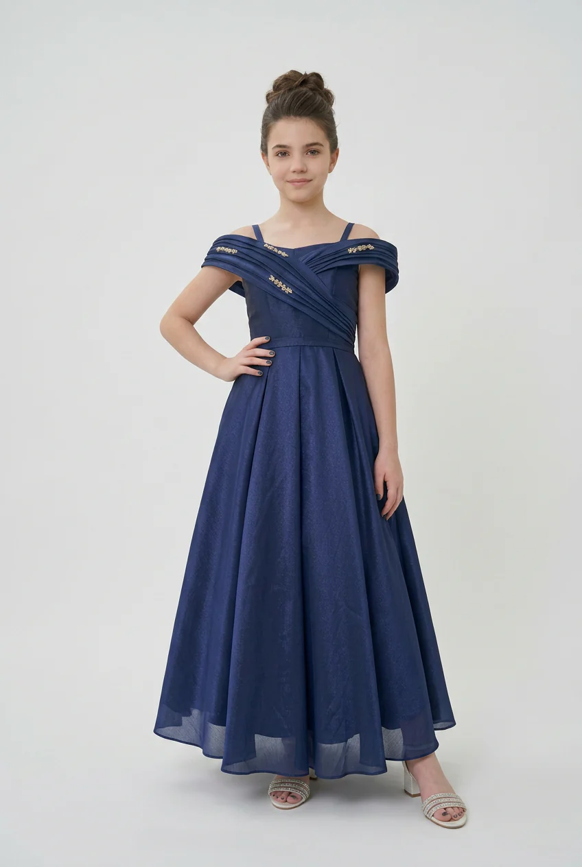 Girls Off-Shoulder Long Formal Dress with Beaded Trim - Navy - Image 2
