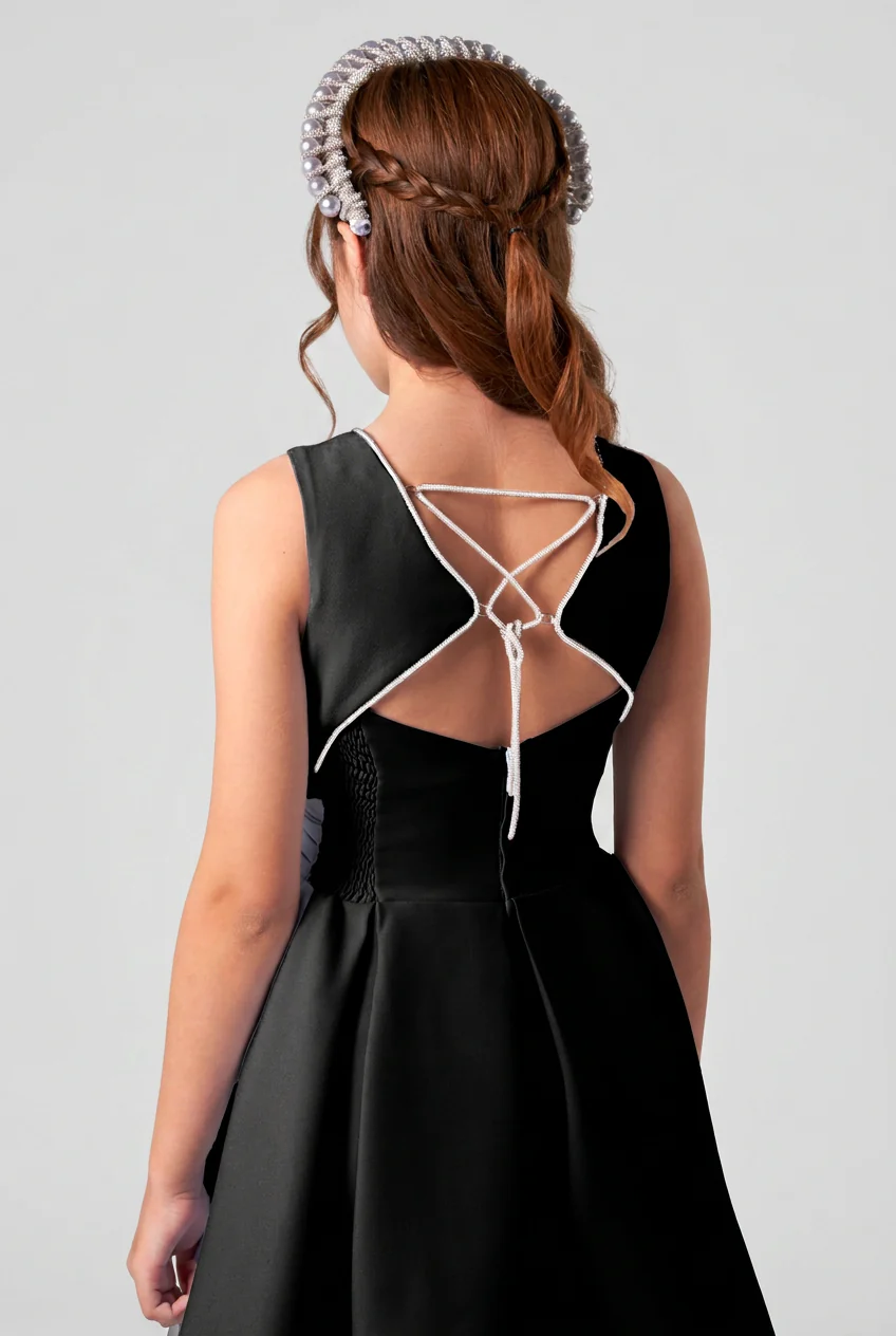 Girls Open Back Dress with Crystal Lace-Up Detail - Black - Image 2