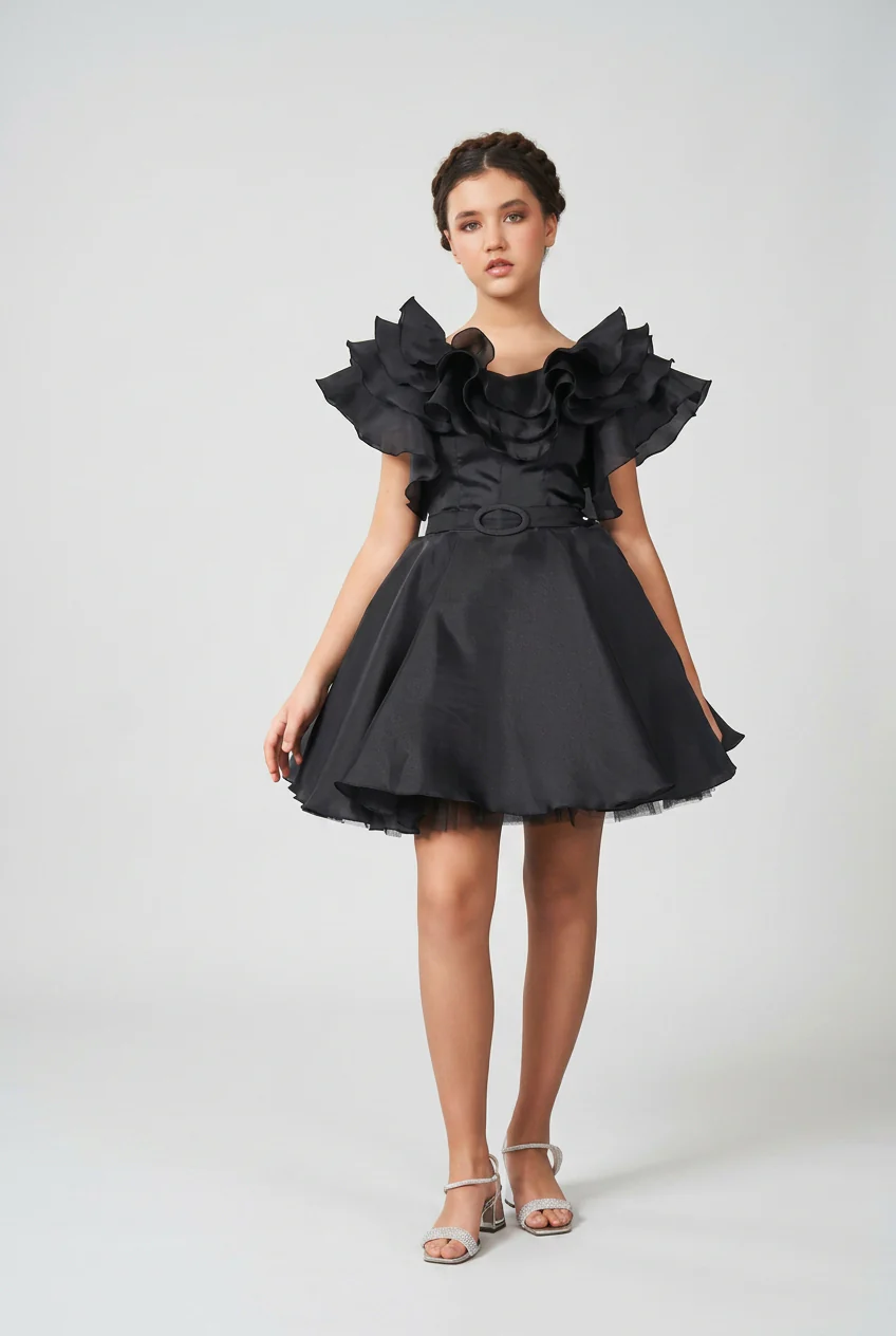 Girls Organza Dress with Tiered Ruffle Collar - Black - Image 2