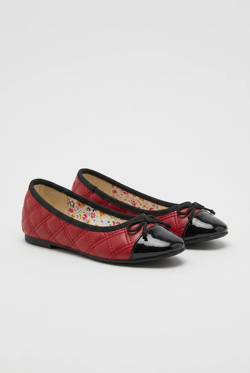 Girls Patent Cap Toe Quilted Ballet Flats - Black - Red - Image 3