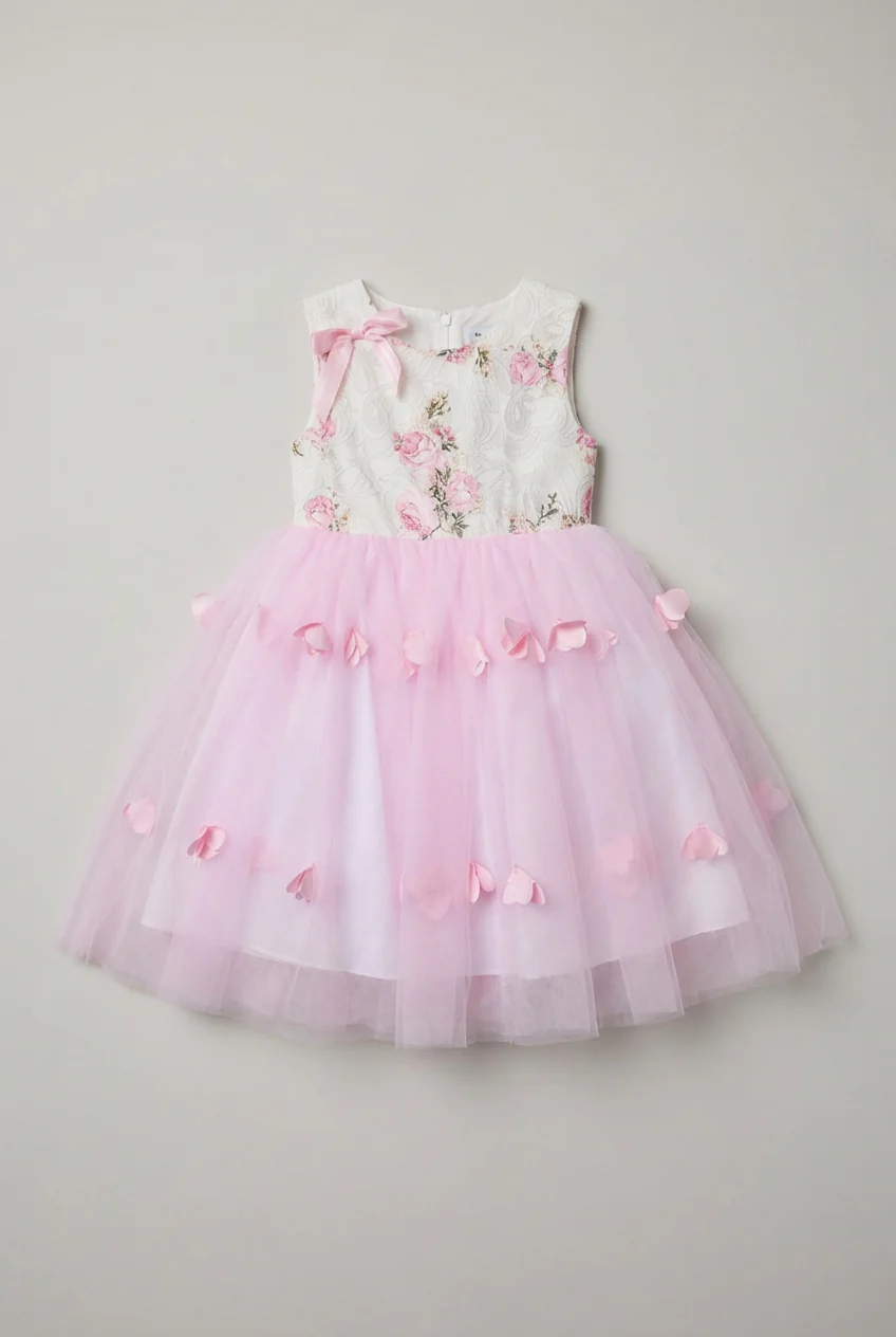 Girls Pink Floral Dress with Tulle Skirt & Back Bow - Image 5