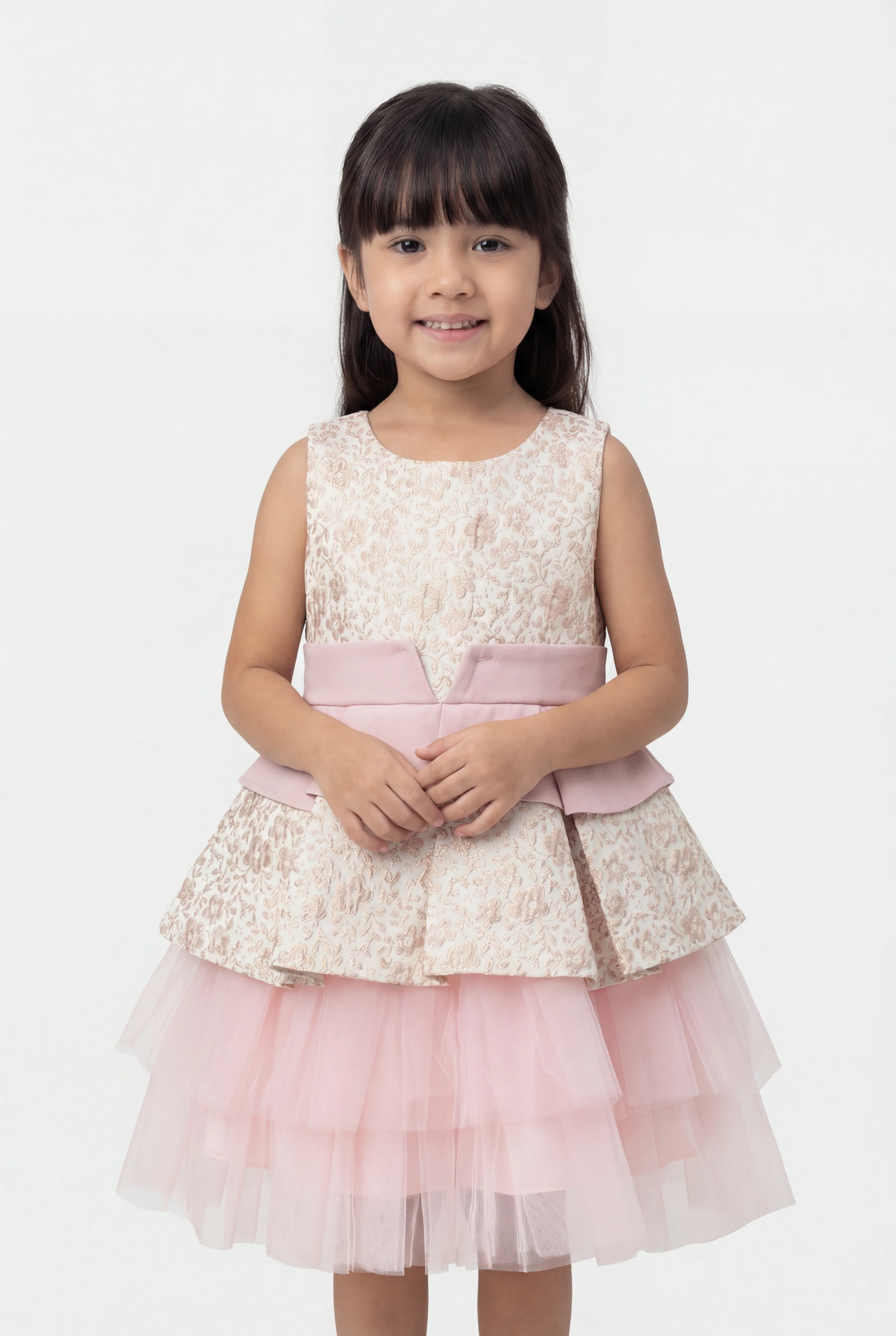 Girls Pink Floral Jacquard Dress with Detachable Bow - Image 3