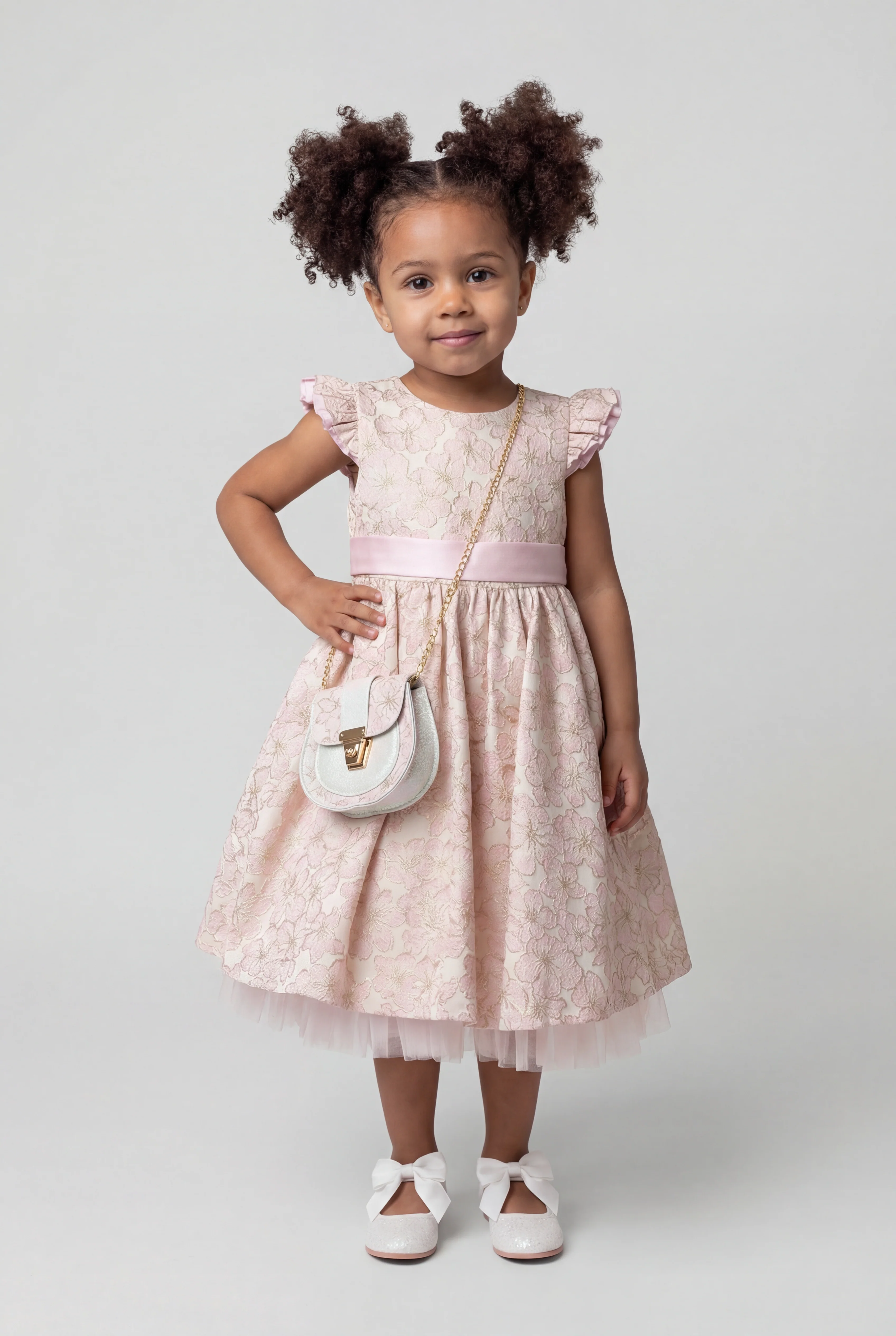 Girls Pink Floral Jacquard Occasion Dress with Matching Bag
