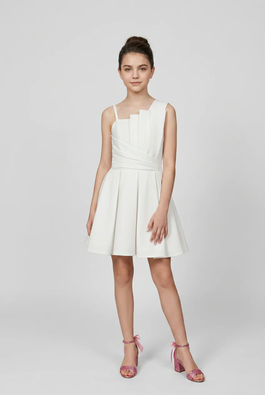 Girls Pleated Bodice Short Occasion Dress - White