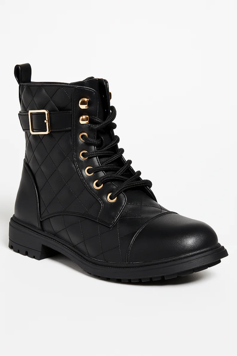 Girls' Quilted Lace-Up Combat Boots - SAGE - Black