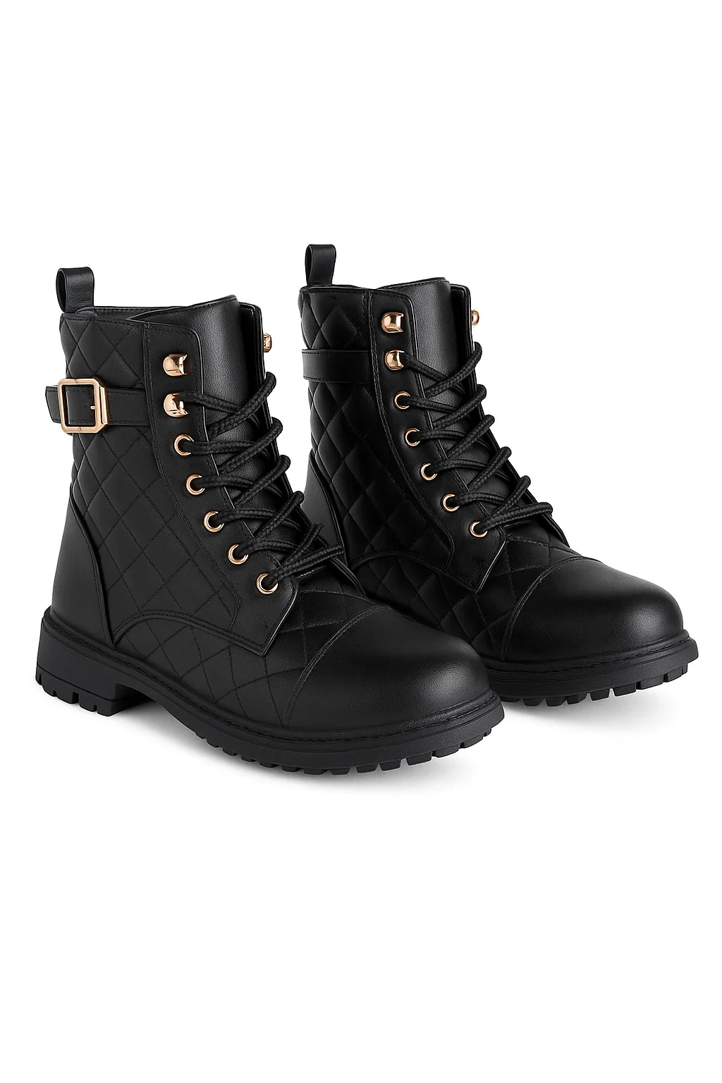 Girls' Quilted Lace-Up Combat Boots - SAGE - Black - Image 3
