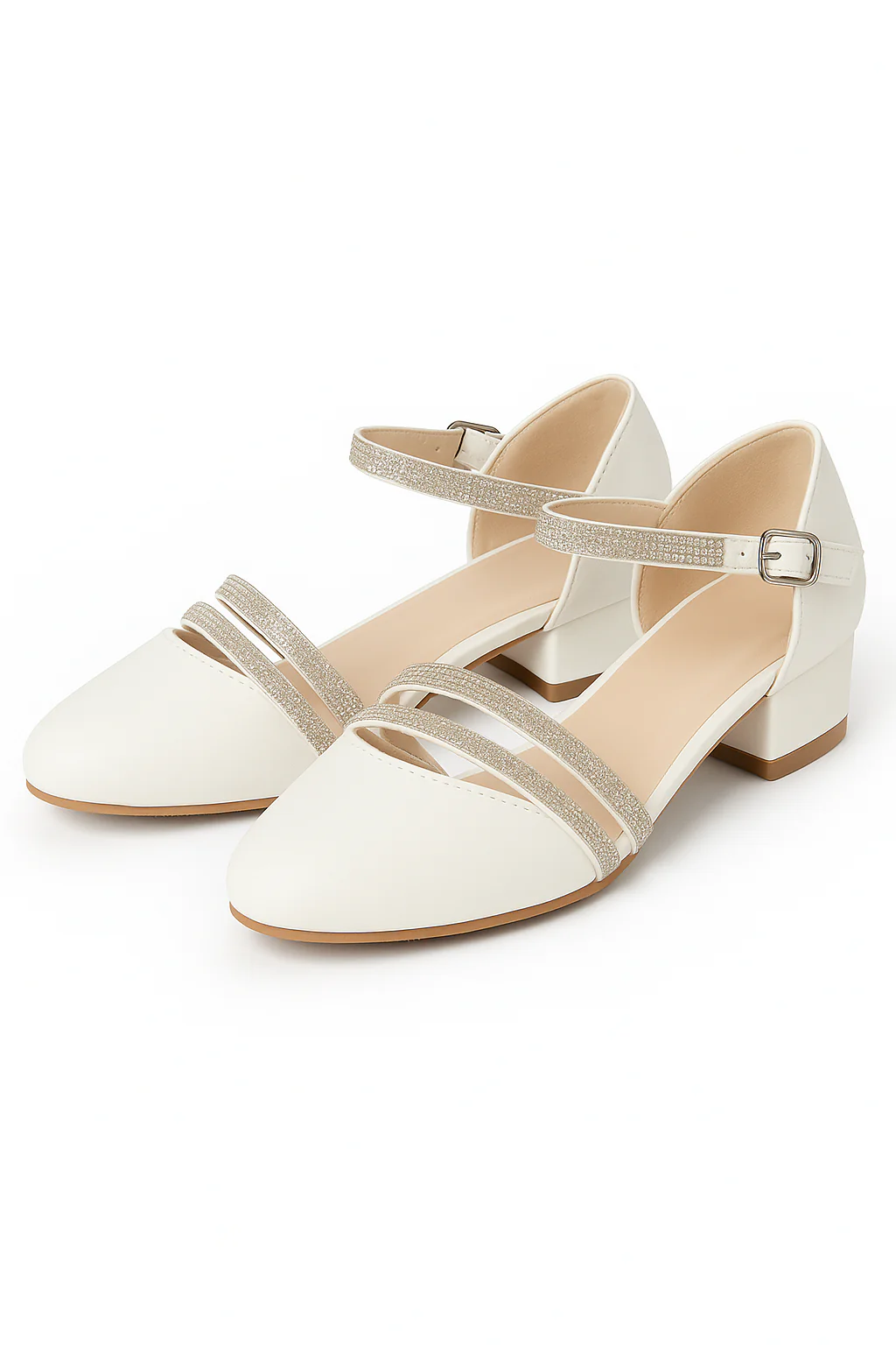 Girls Rhinestone Straps Low Heel Shoes – DREAM - Ivory - Image 3