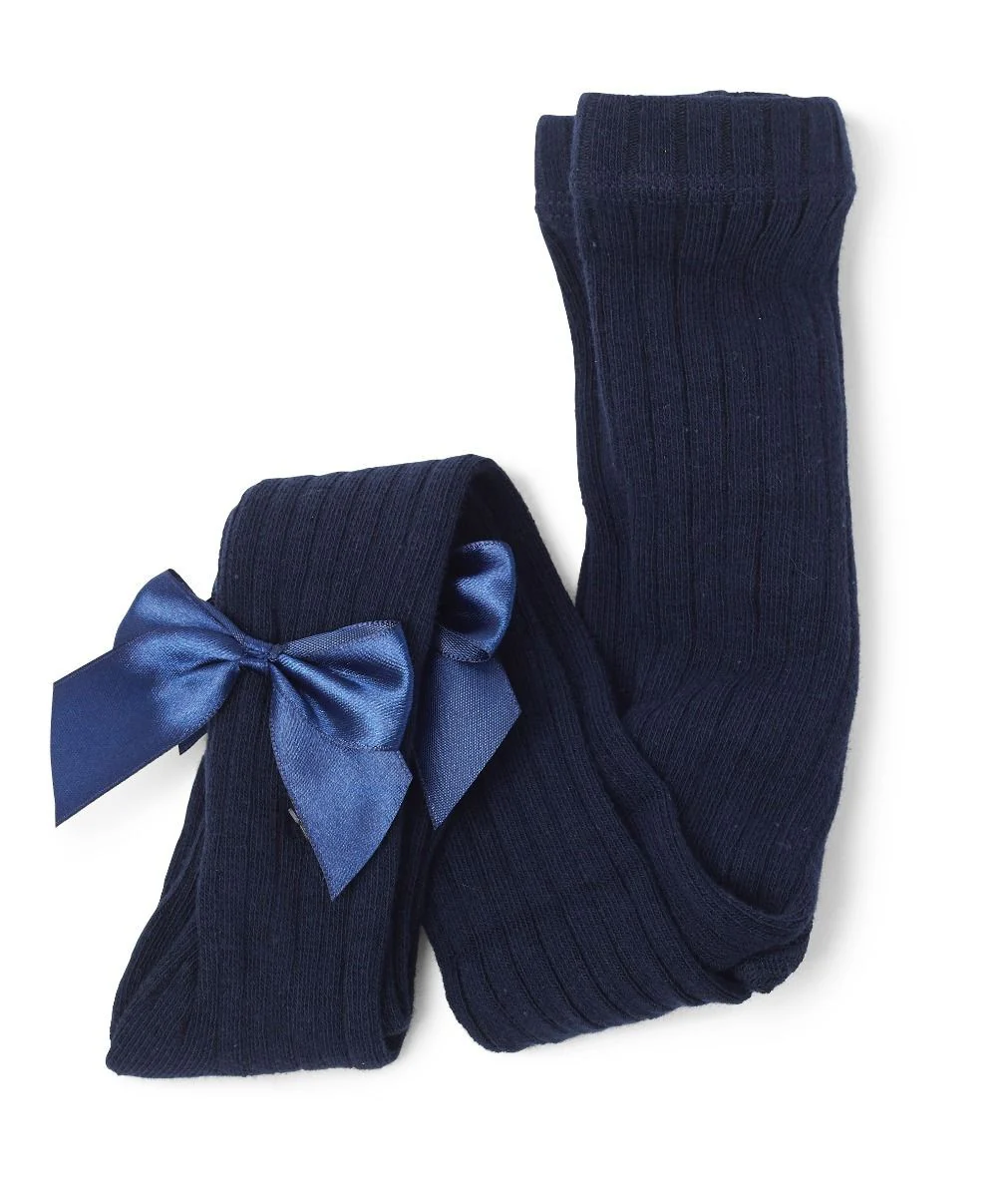 Girls Ribbed Bow Tights – KITTY - Navy Blue - Image 2