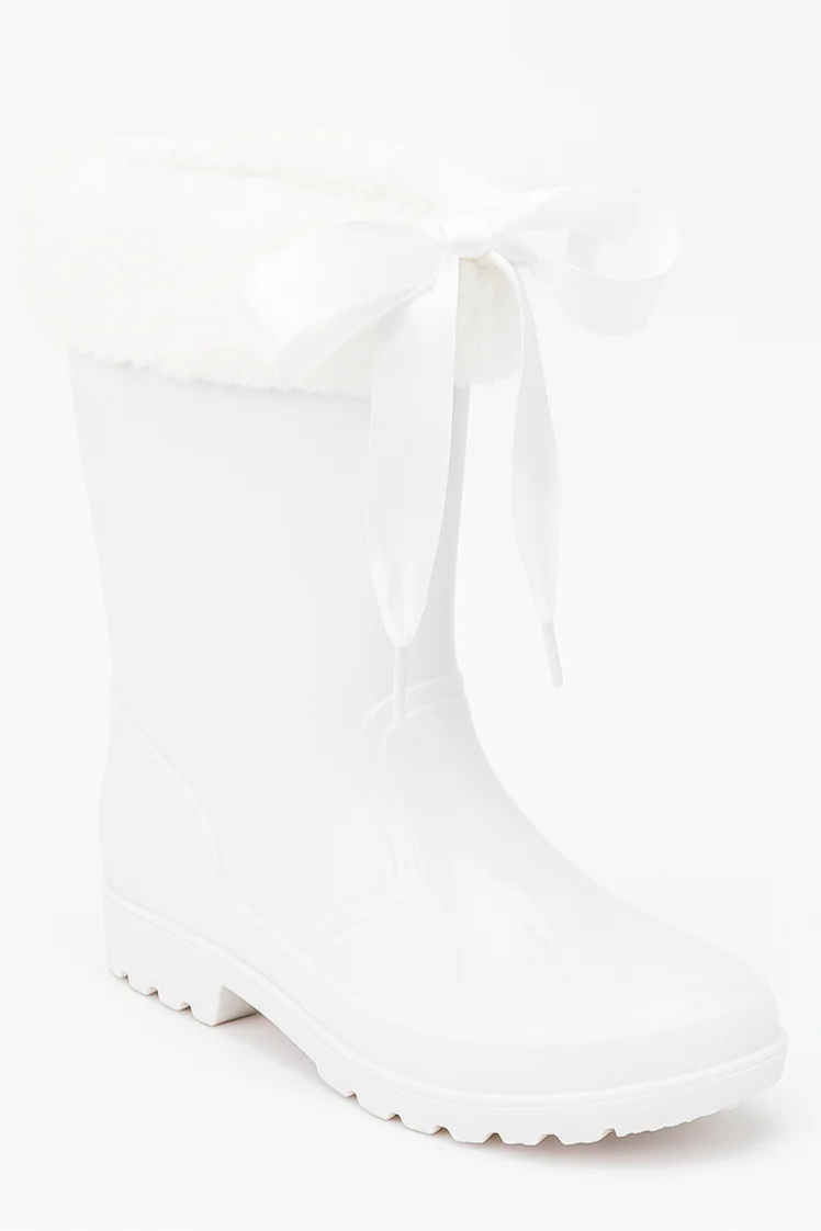 Girls' Ribbon Wellington Boots with Faux Fur, Waterproof Wellies – VIVIAN - White