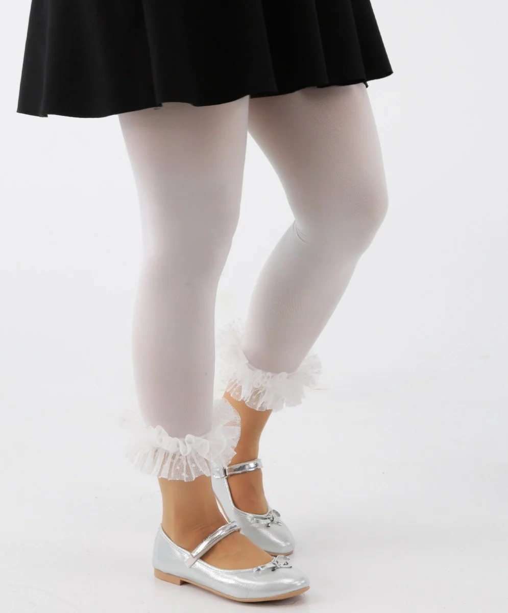 Girls Ruffle Footless Ballet Tight - White - Image 2