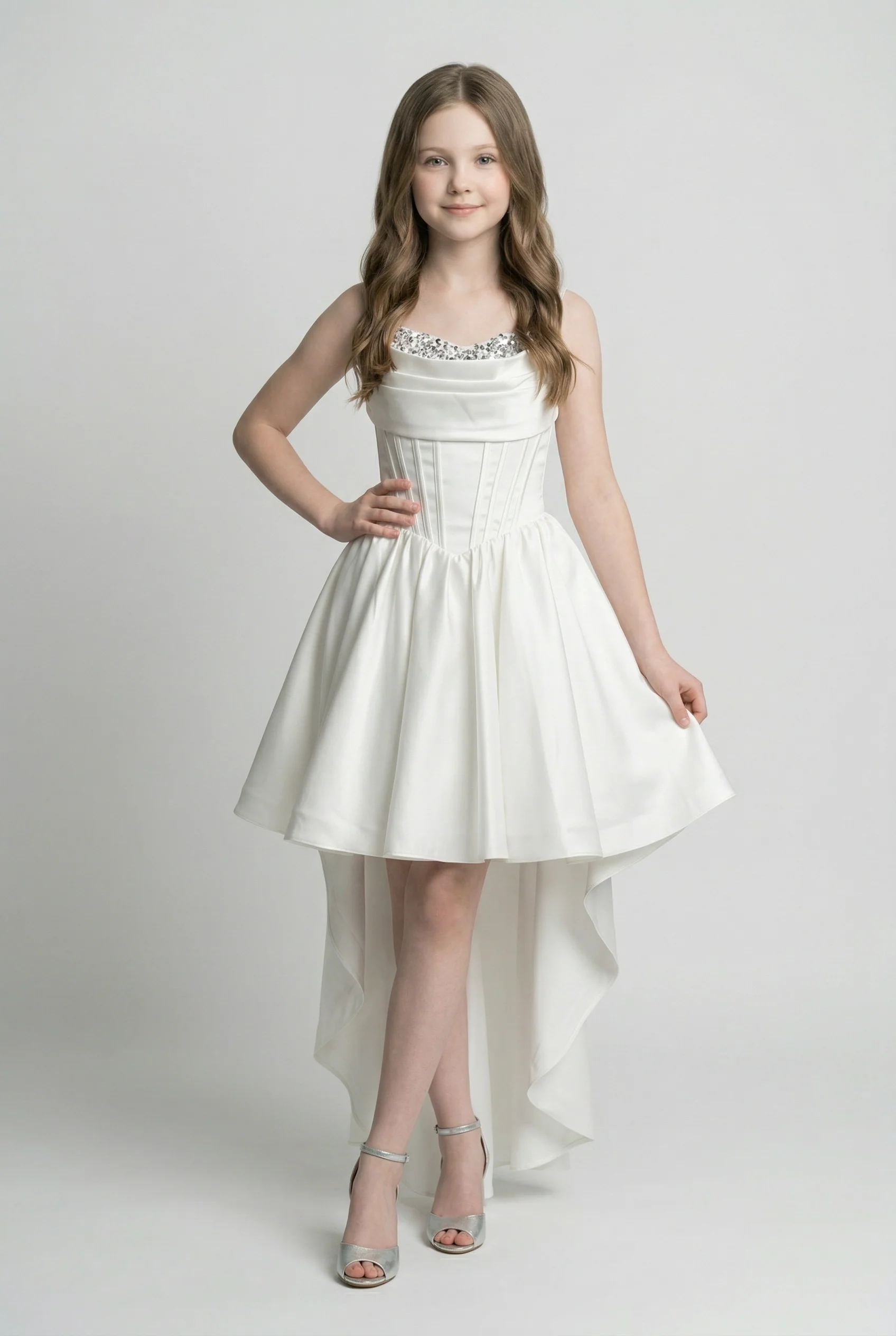 Girls Satin High-Low Party Dress with Crystal Trim - White - Image 2
