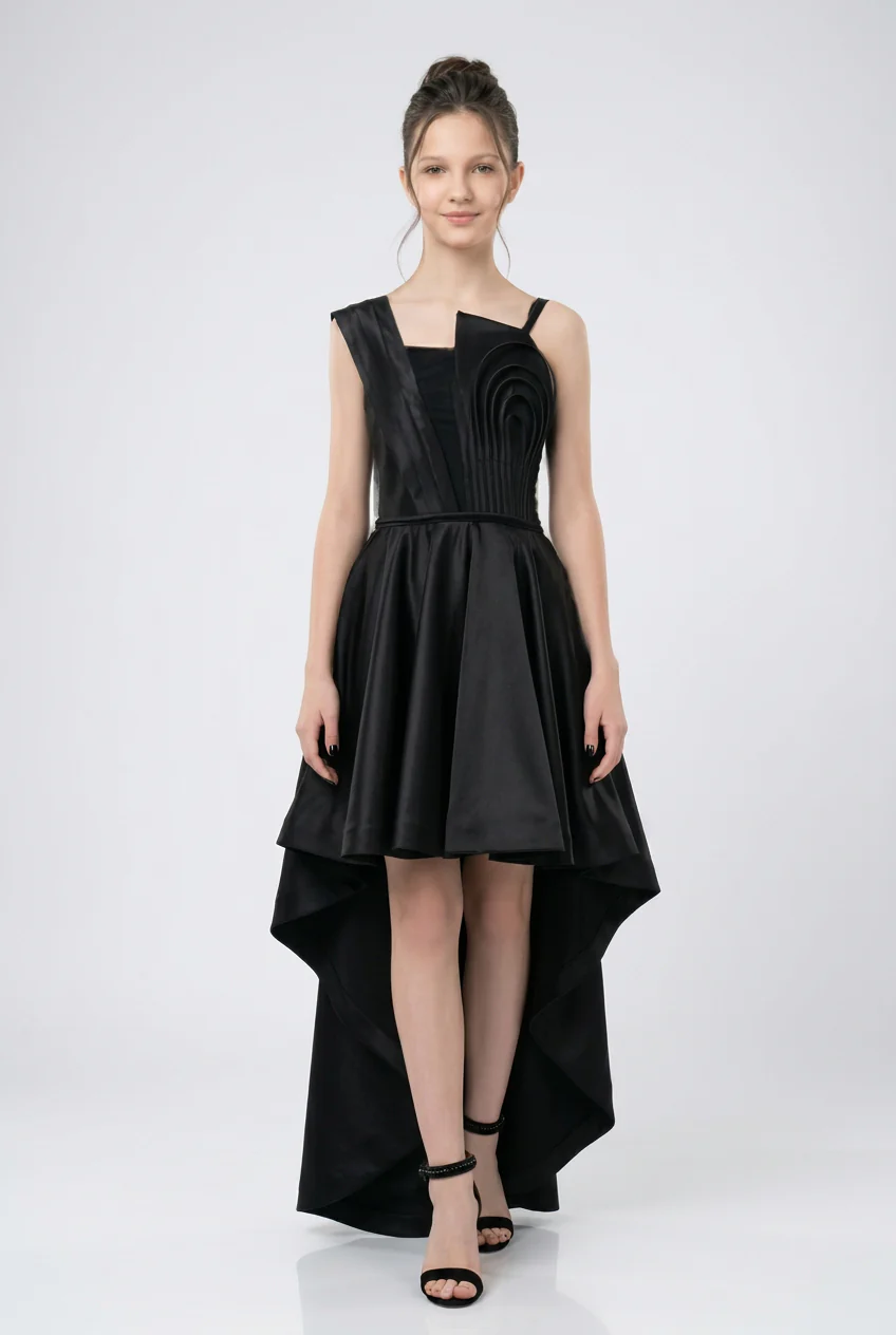Girls Satin High-Low Party Dress with Pleated Detail - Black