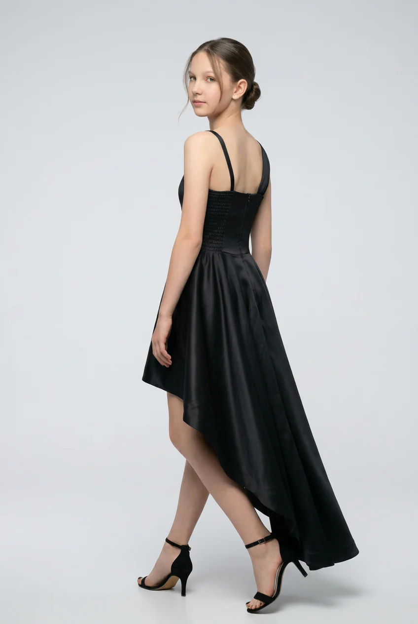 Girls Satin High-Low Party Dress with Pleated Detail - Black - Image 3