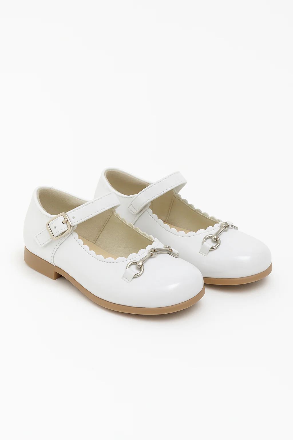 Girls Scallop Trim Flat Mary Jane Shoes - WILLA - White - Image 3