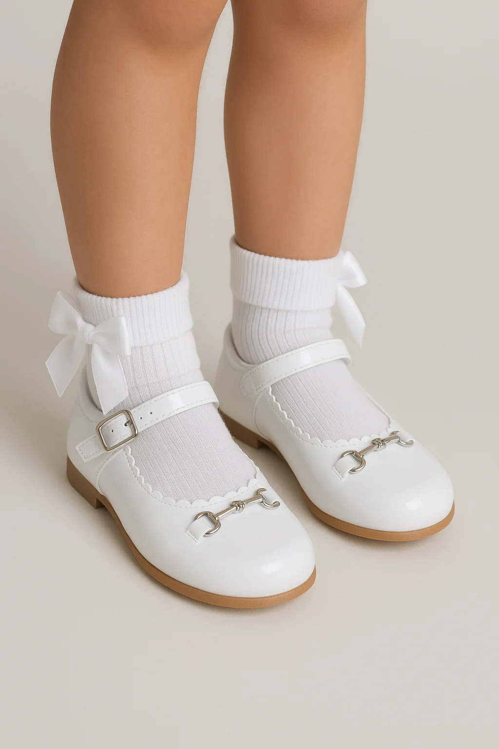 Girls Scallop Trim Flat Mary Jane Shoes - WILLA - White - Image 4