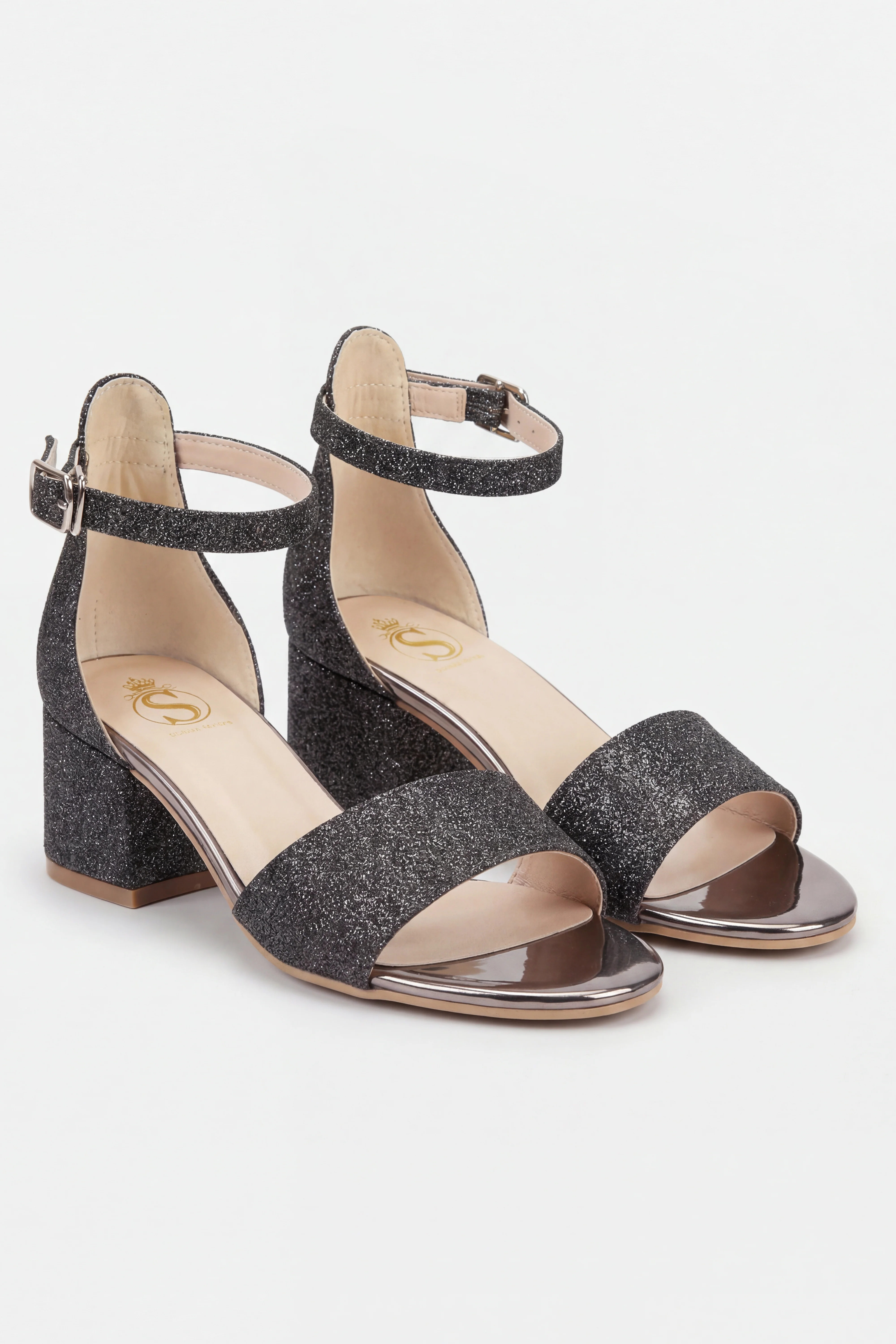 Girls Ankle-Strap Block Heel Sandals - SPARKLE - Dark Silver - Image 5