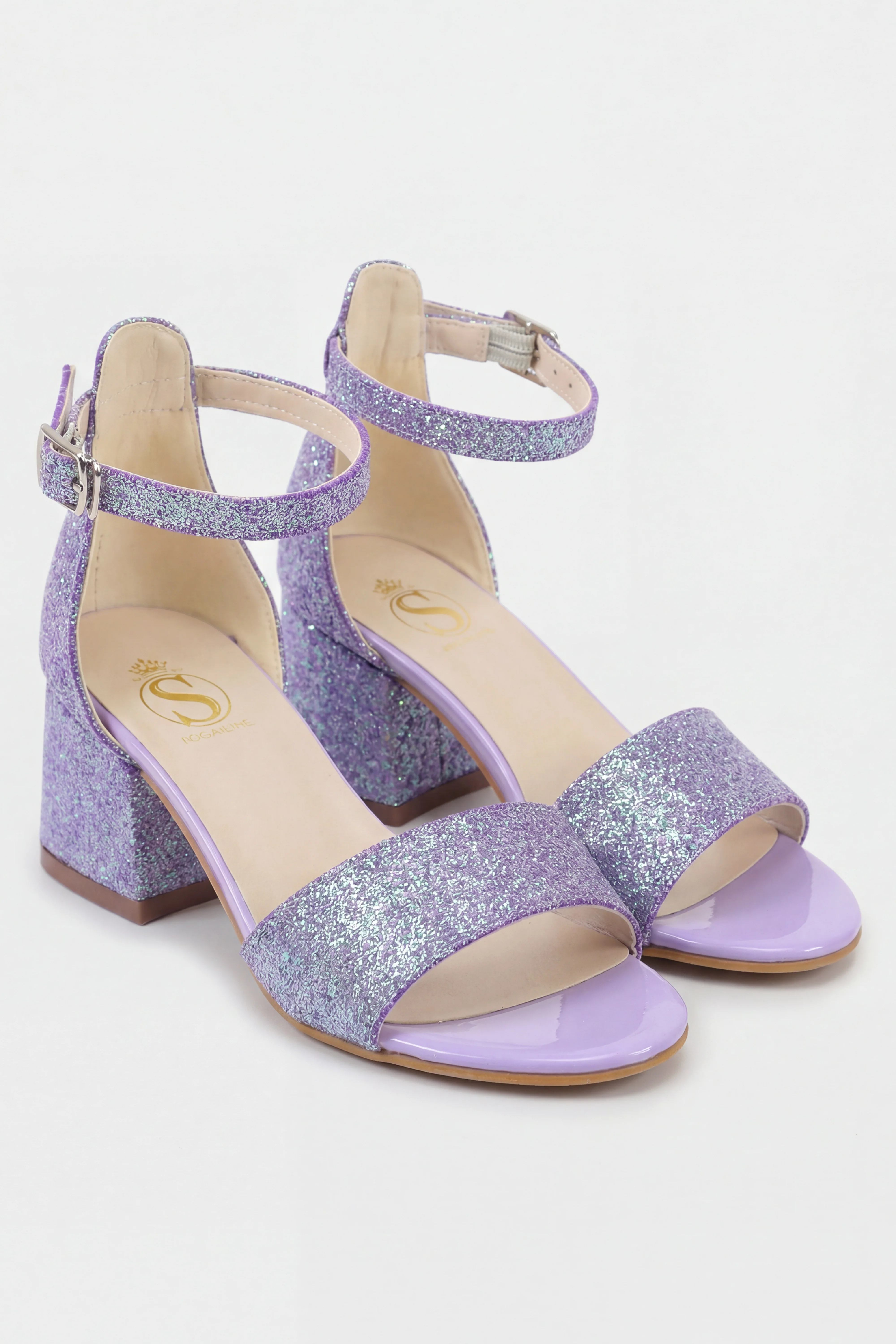 Girls Ankle-Strap Block Heel Sandals - SPARKLE - Purple - Image 5