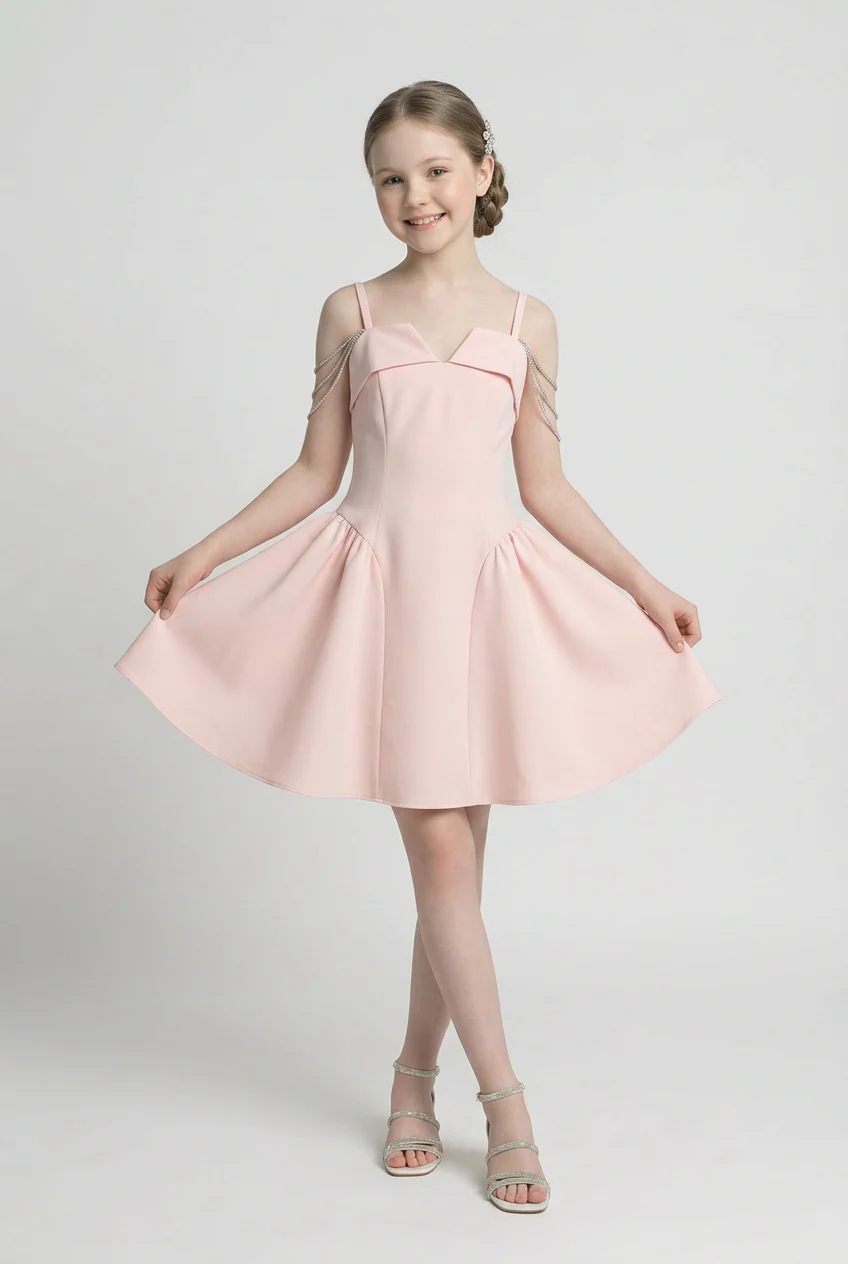 Girls Short Occasion Dress with Crystal Off-Shoulder Straps - Pink