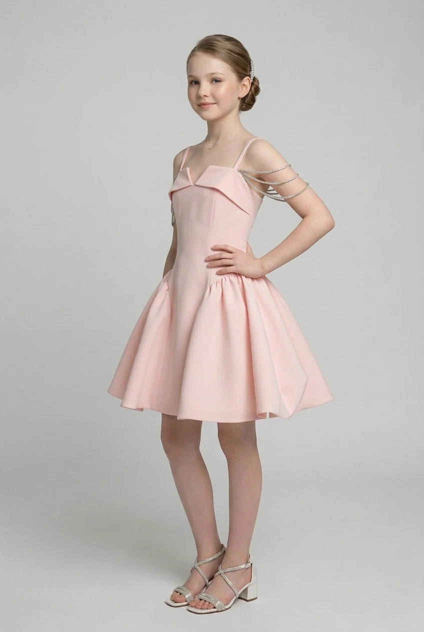 Girls Short Occasion Dress with Crystal Off-Shoulder Straps - Pink - Image 2