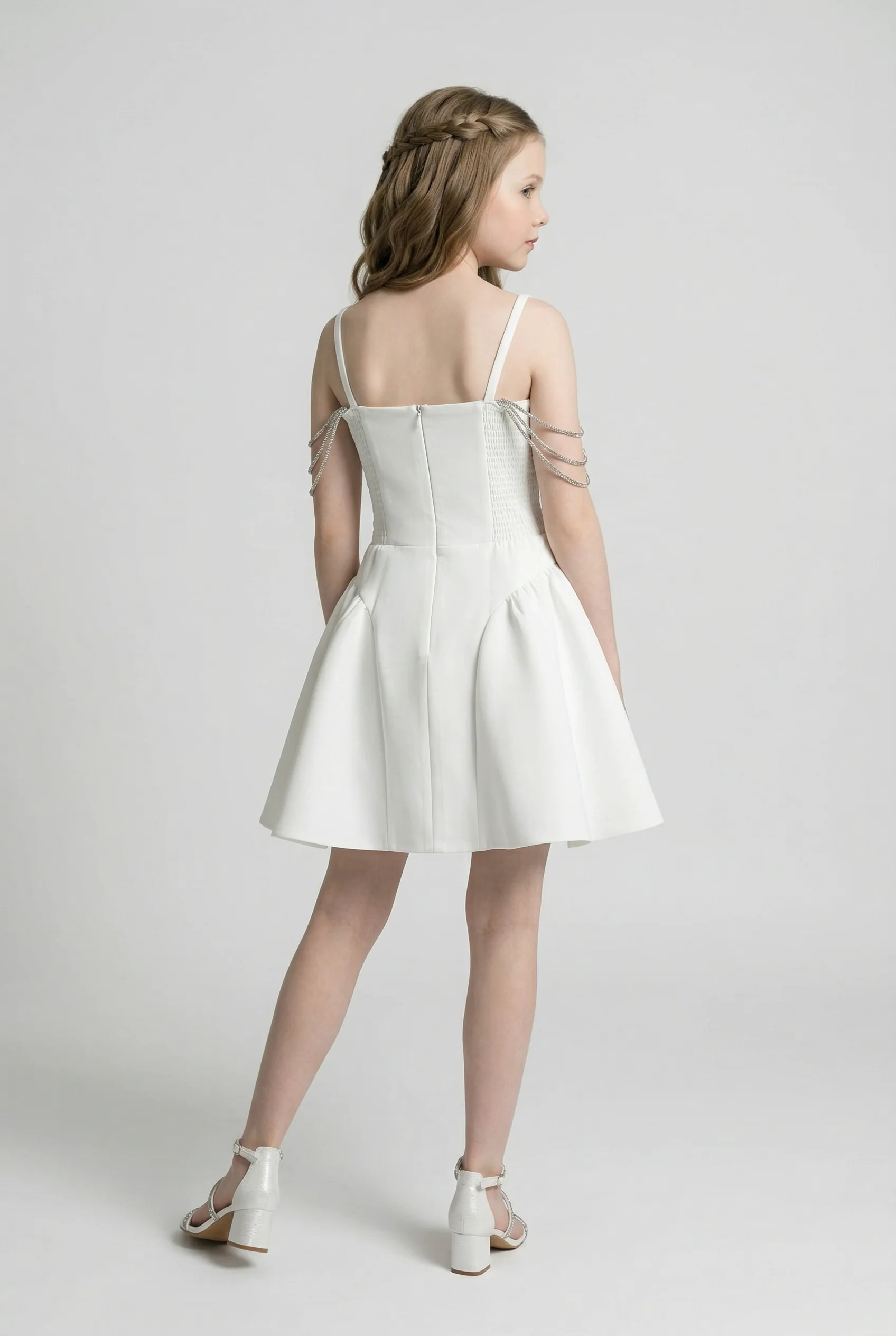 Girls Short Occasion Dress with Crystal Off-Shoulder Straps - White - Image 4
