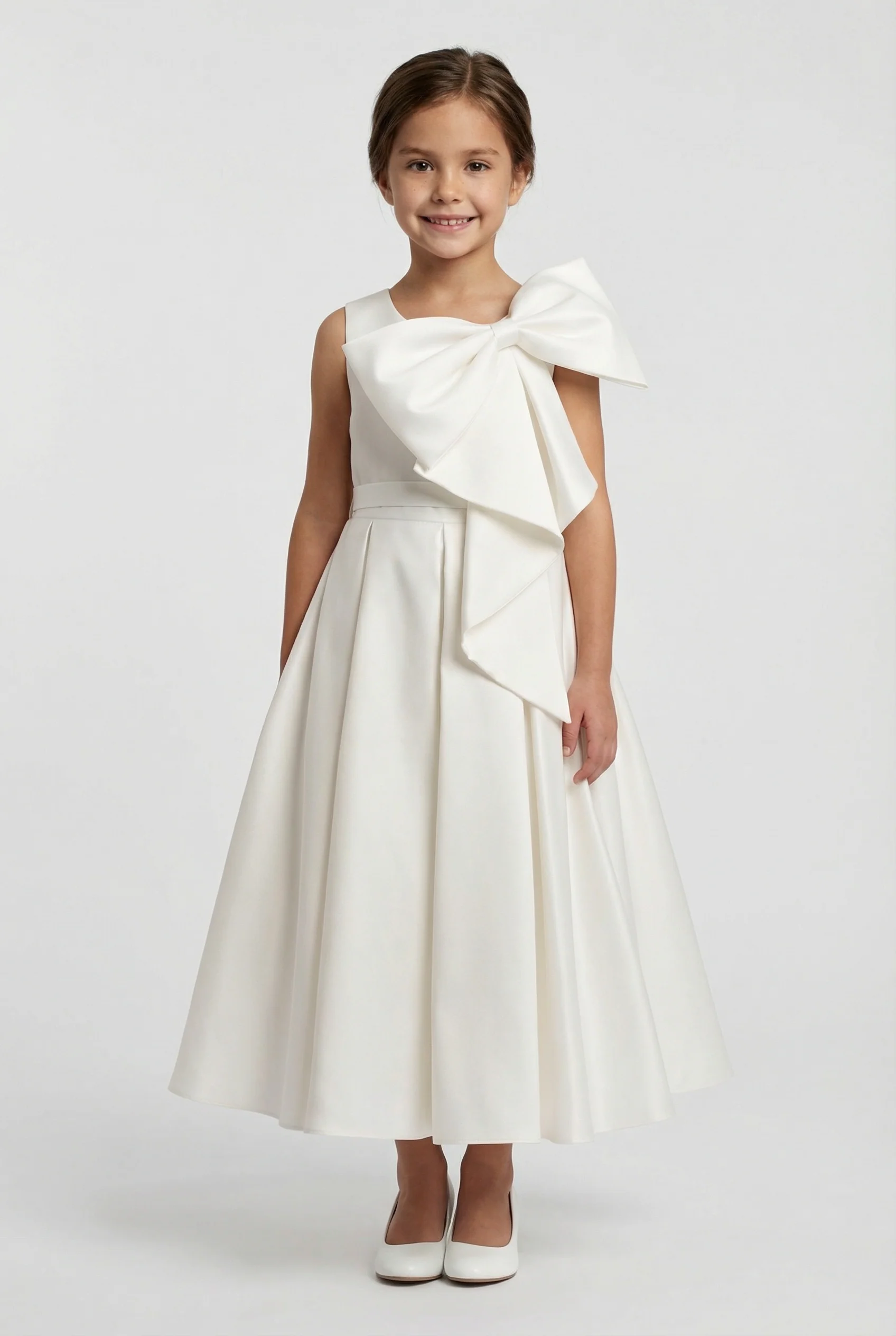 Girls Sleeveless Dress with Satin Bow Shoulder - Saffa - Ivory
