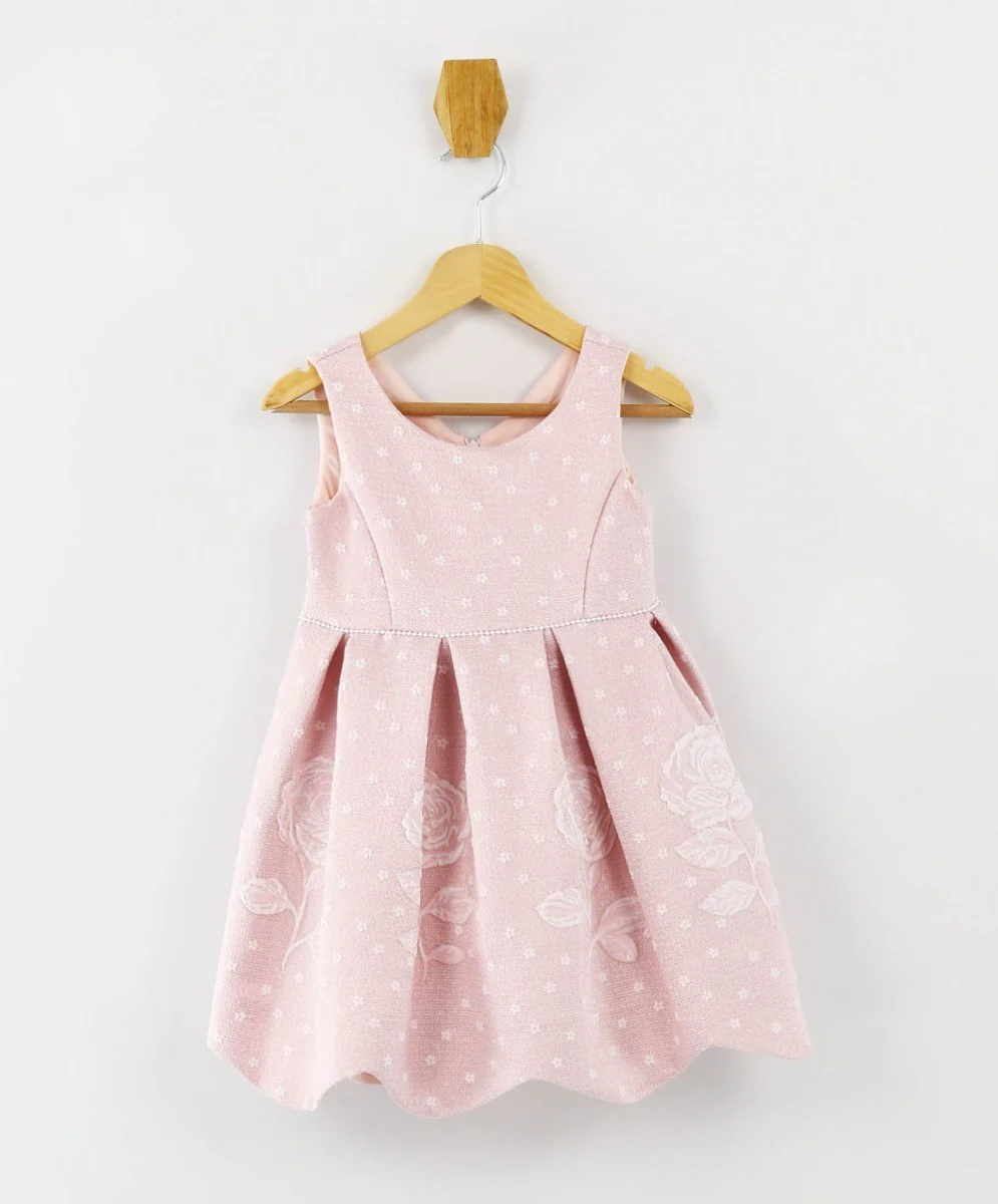 Girls Sleeveless Floral Embroidered Dress Set - Baby Pink - Image 3
