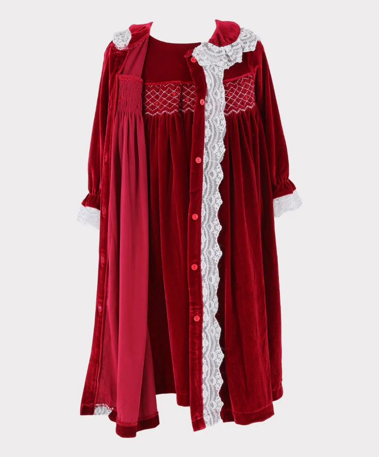 Girls Smocked Velvet Sleeping Gown 2 Pieces Set - Wine Red - Image 3