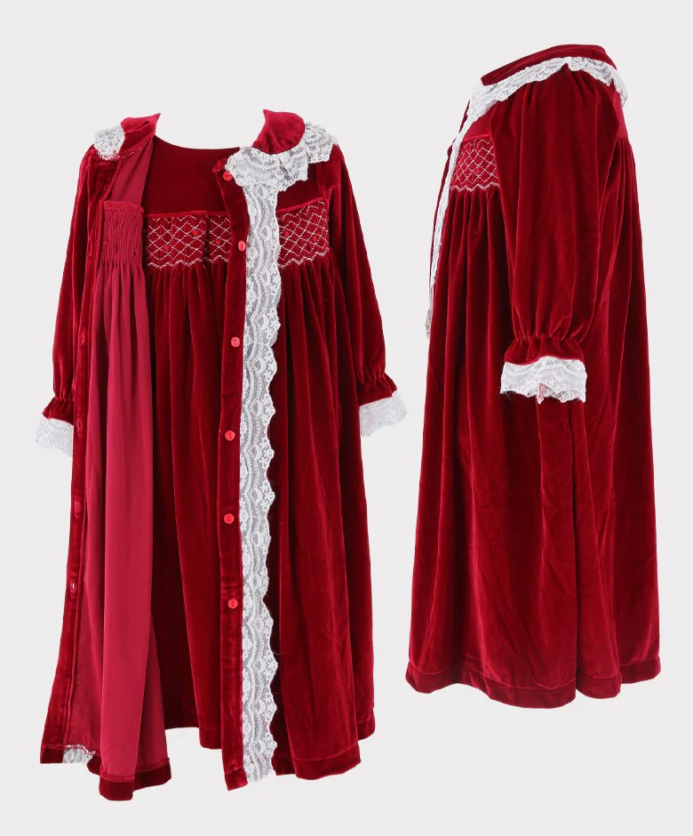 Girls Smocked Velvet Sleeping Gown 2 Pieces Set - Wine Red - Image 4