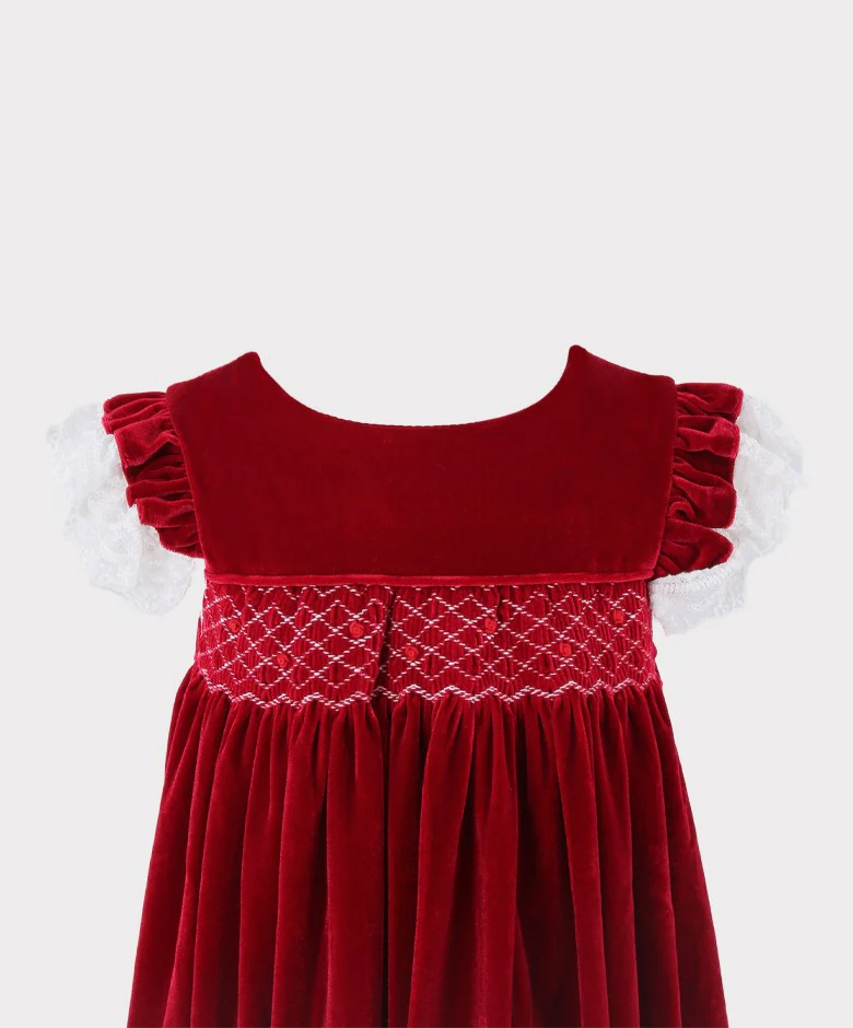 Girls Smocked Velvet Sleeping Gown 2 Pieces Set - Wine Red - Image 5