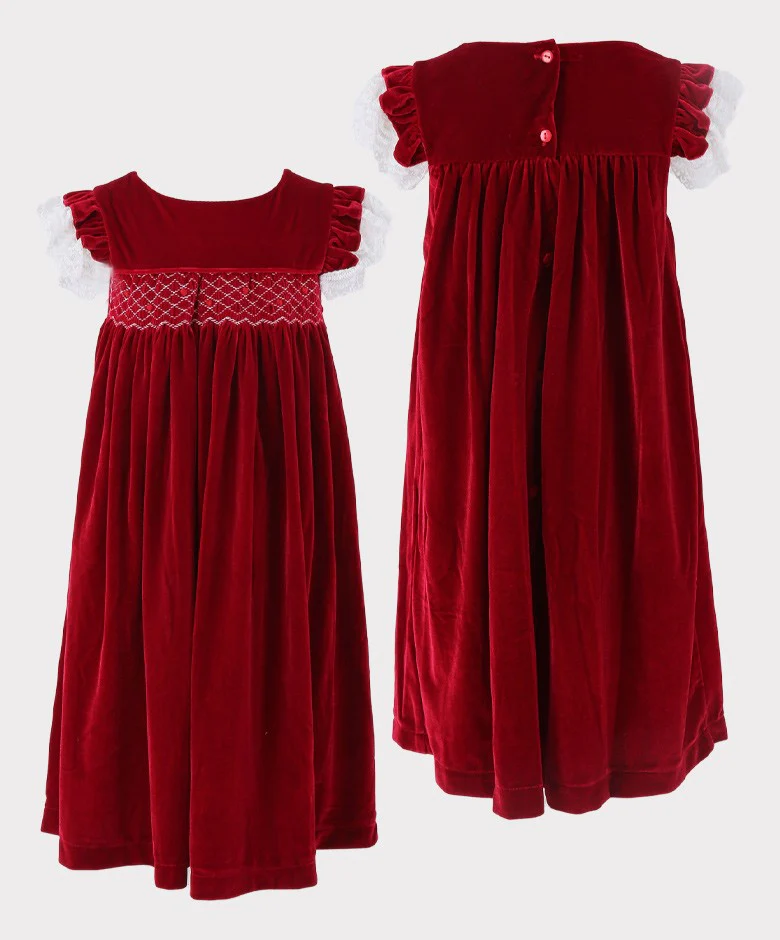 Girls Smocked Velvet Sleeping Gown 2 Pieces Set - Wine Red - Image 6