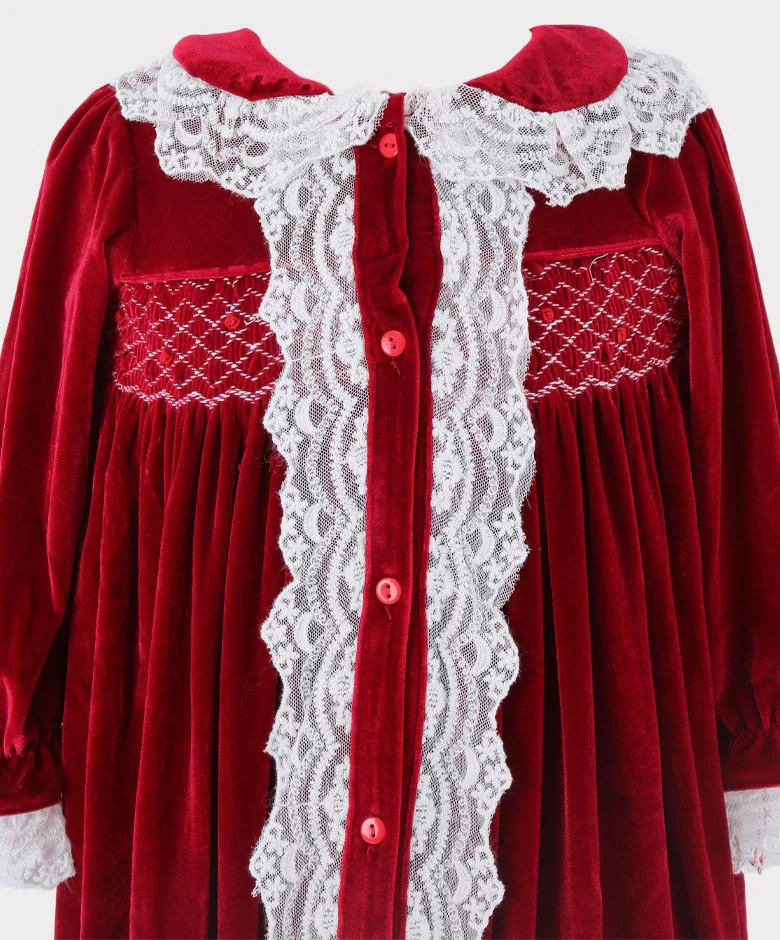 Girls Smocked Velvet Sleeping Gown 2 Pieces Set - Wine Red - Image 7