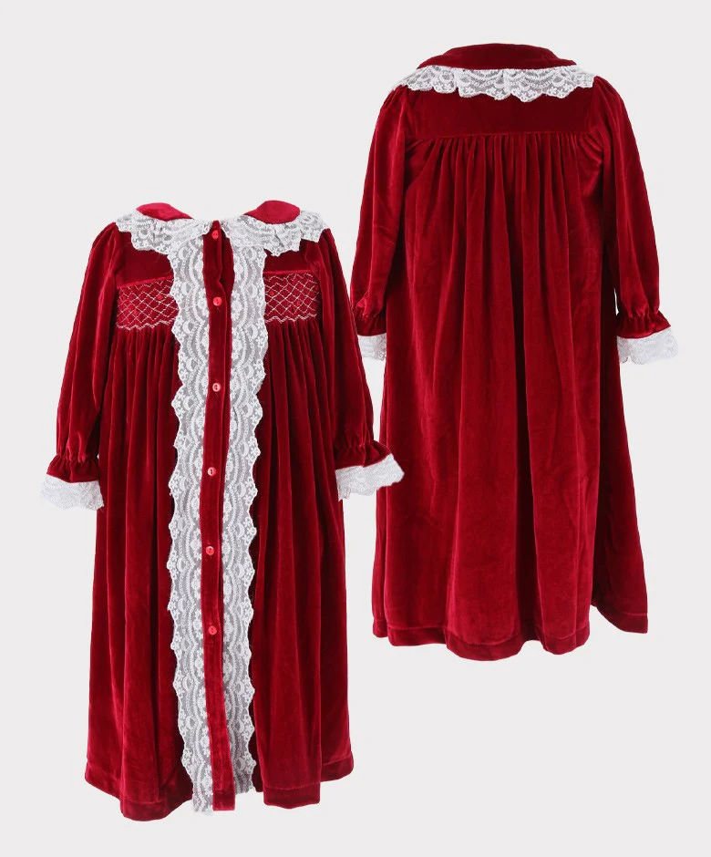 Girls Smocked Velvet Sleeping Gown 2 Pieces Set - Wine Red - Image 8