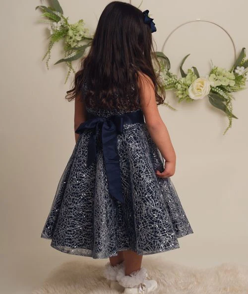Girls Sparkly Embroidered Dress with Bow – CLIO - Navy Blue - Image 3