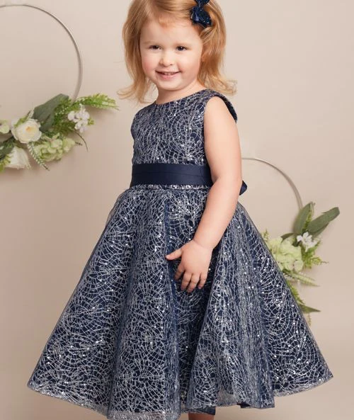 Girls Sparkly Embroidered Dress with Bow – CLIO - Navy Blue - Image 4