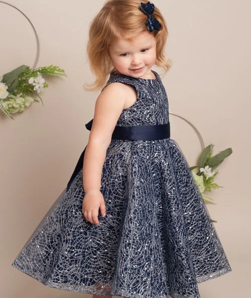 Girls Sparkly Embroidered Dress with Bow – CLIO - Navy Blue - Image 5