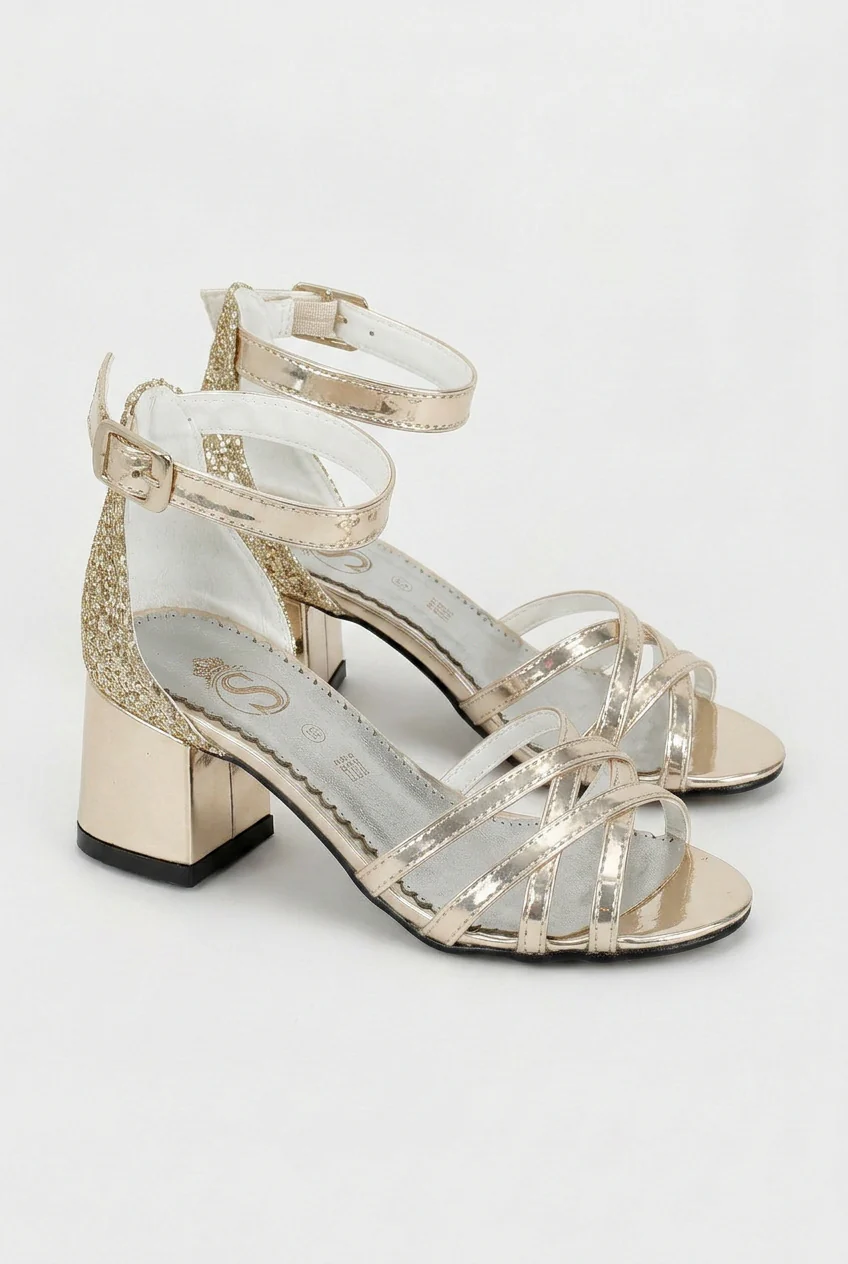 Girls Strappy Block Heel Sandals - Gold - Image 3