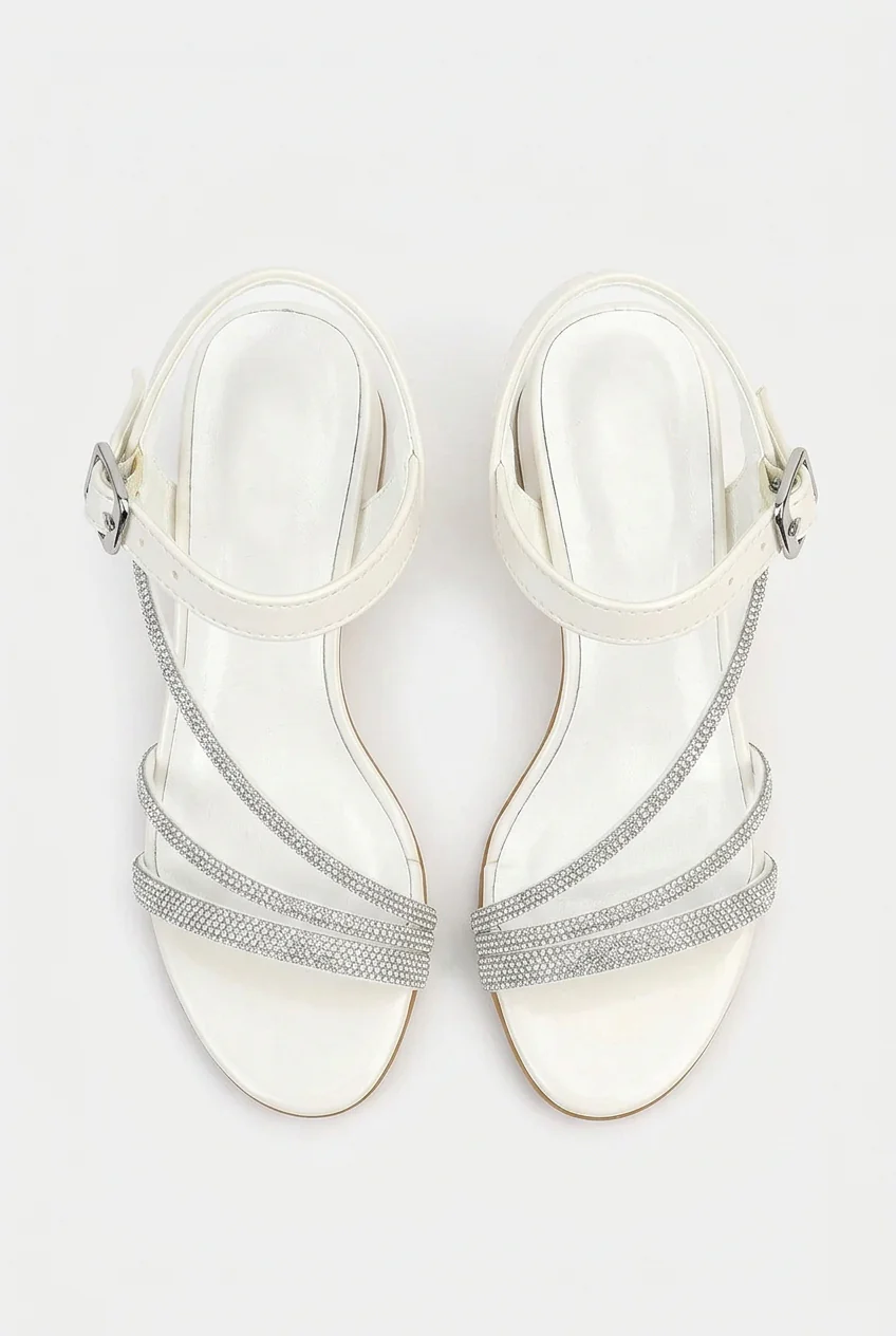 Girls Strappy Block Heel Sandals with Rhinestones - Tiana - Pearl White - Image 2