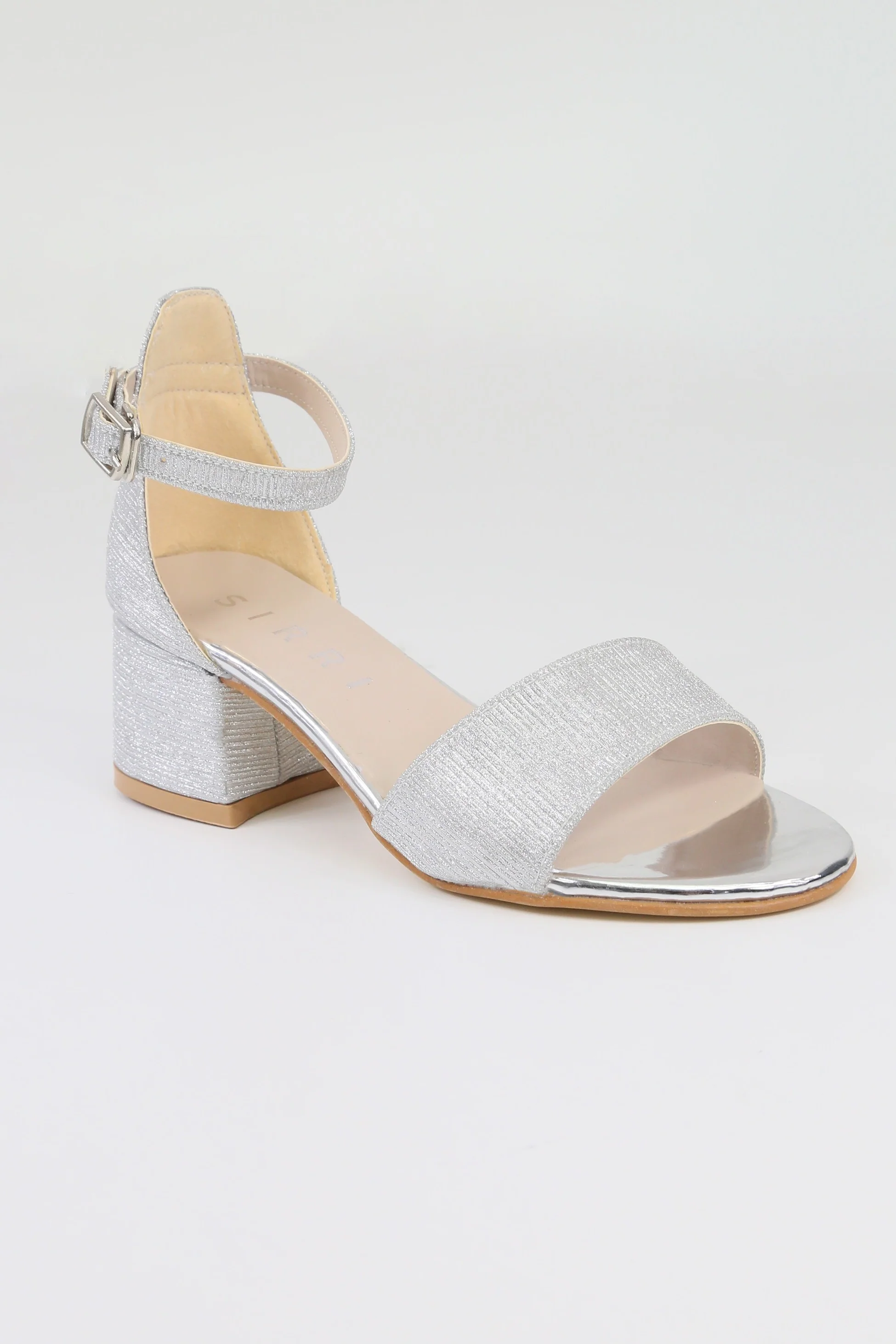 Girls Textured Silver Block Heel Sandals - JENNY - Silver