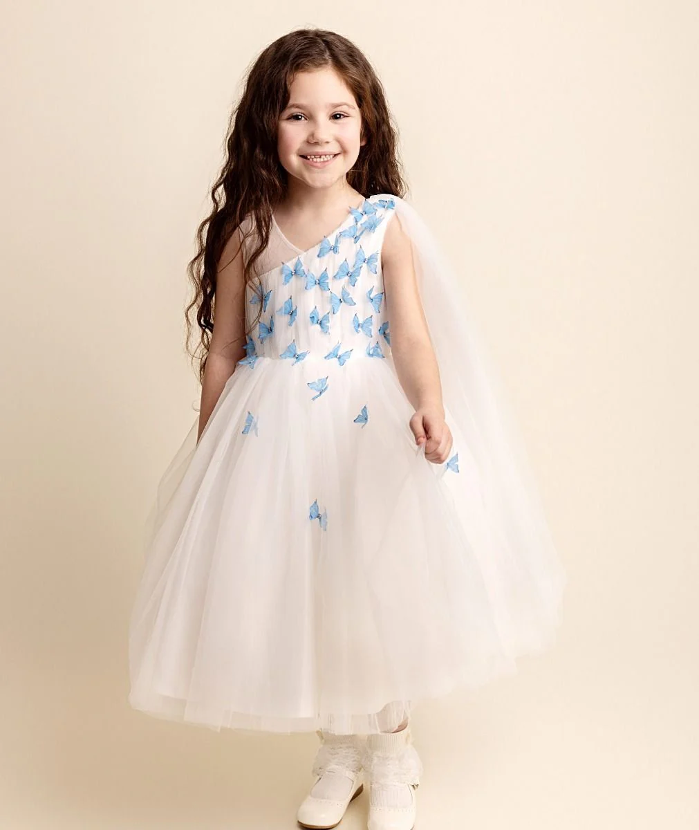 Girls Tulle Dress with Butterfly Appliques - PARIS - Blue - Image 3