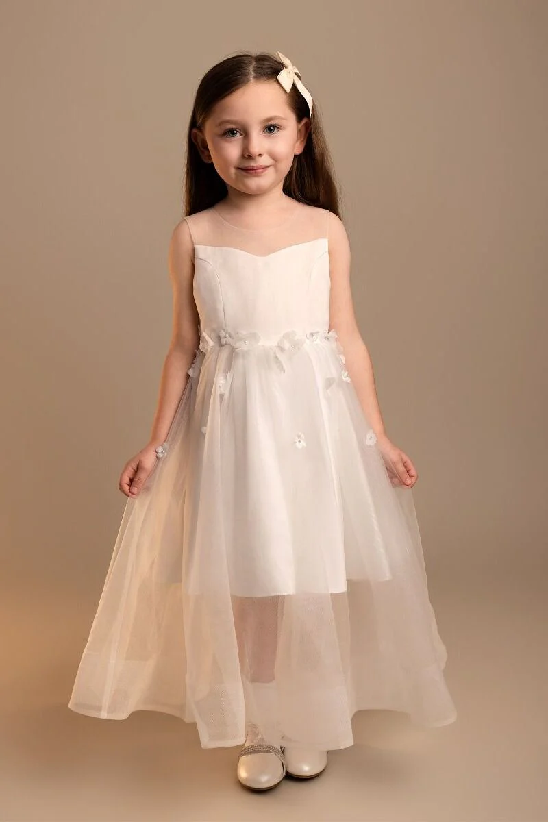 Girls’ Tulle Sweetheart Neck Flower Girl Dress - Laksha - Ivory