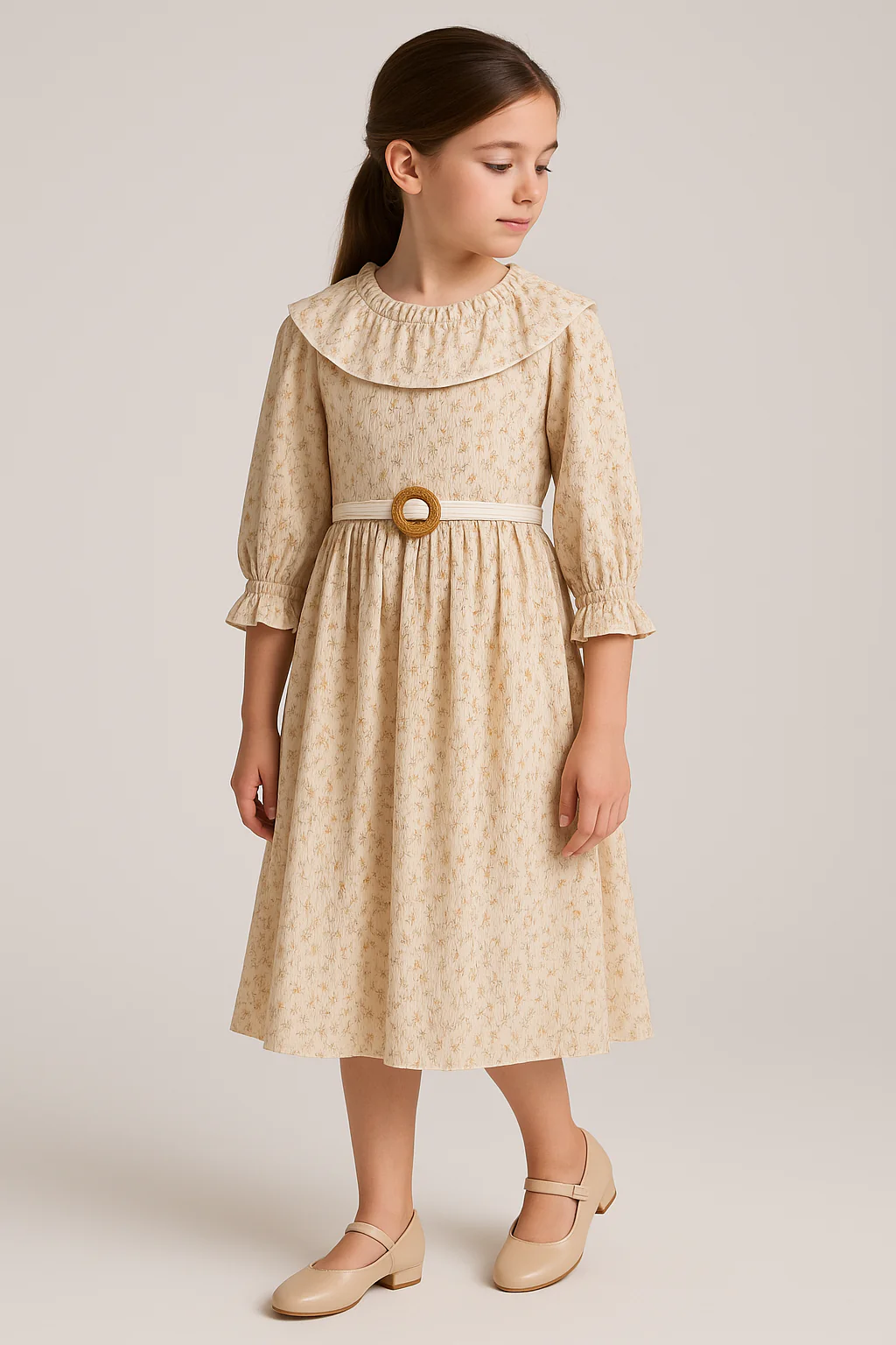 Girls’ Vintage Floral Dress with Belt and Ruffled Collar - Beige - Yellow