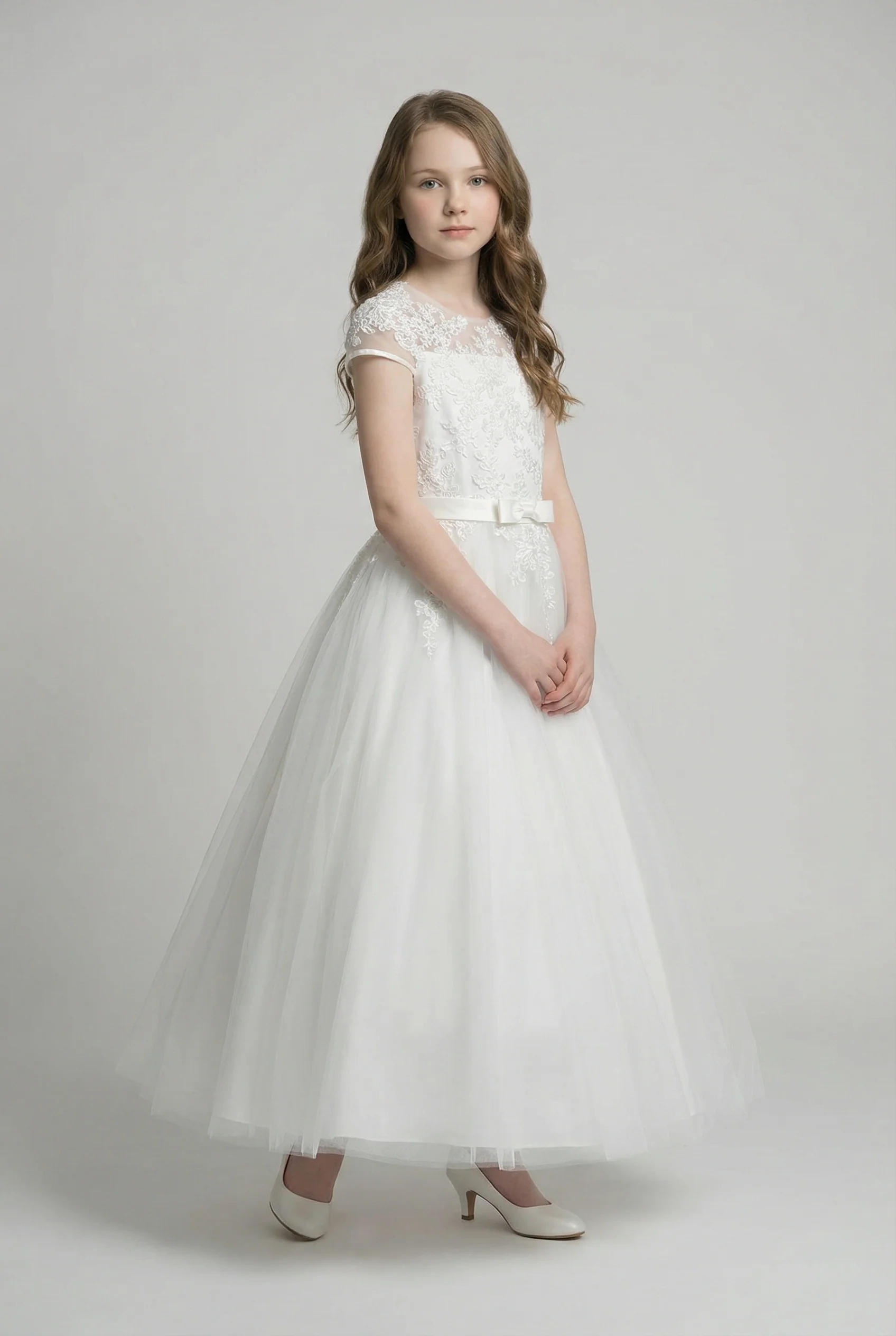 Girls White Communion Dress with Illusion Neck & Lace trim - Suzie - Image 2