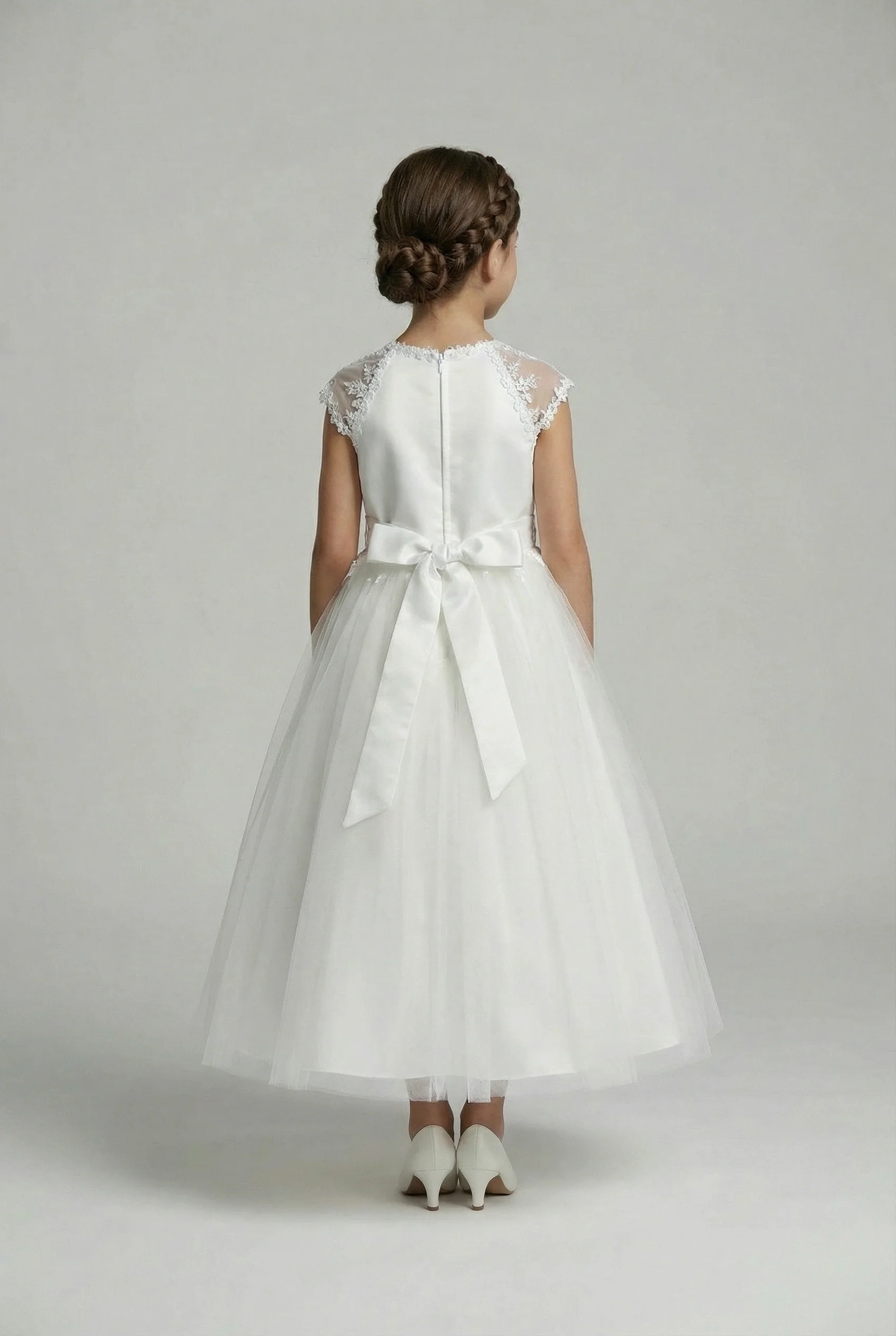 Girls White Communion Occasion Dress Satin Bodice Tulle Skirt - Stray - Image 3